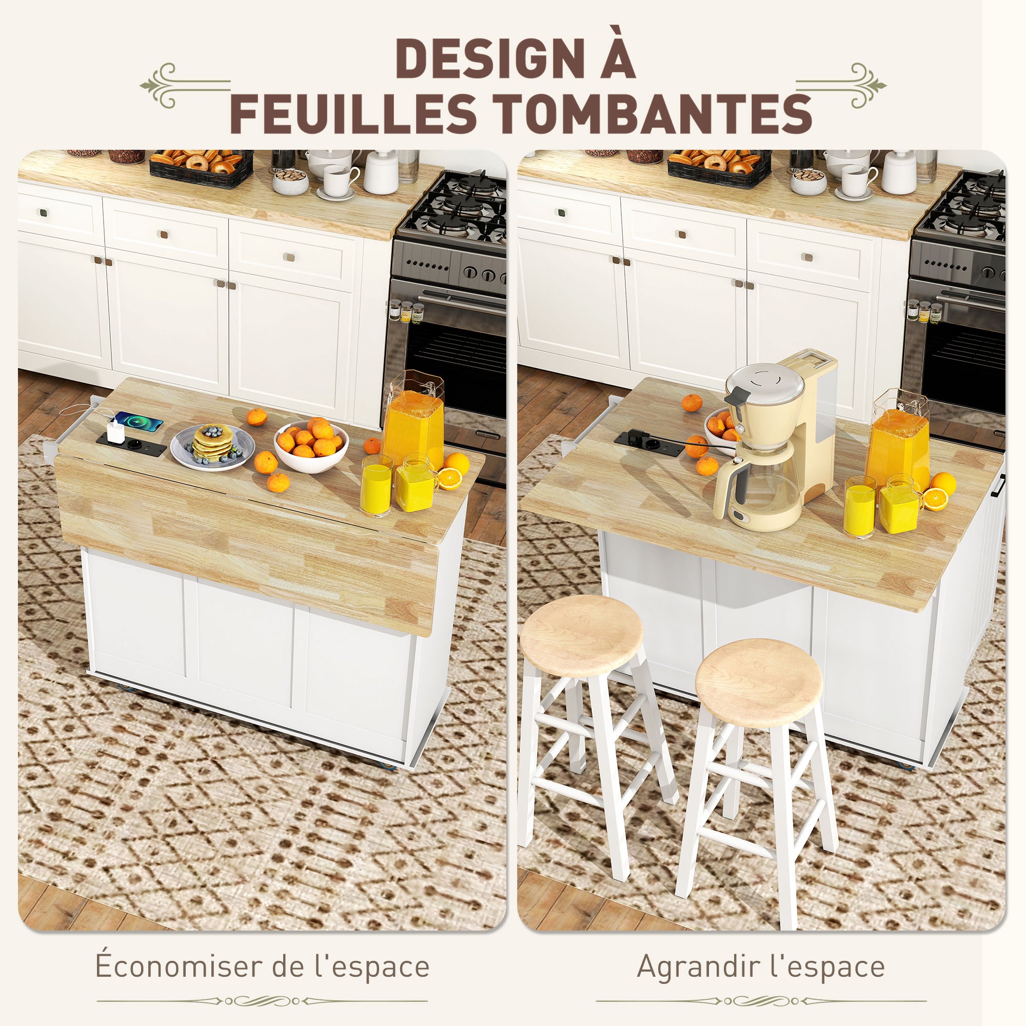 Îlot central cuisine mobile avec prise de courant et port USB desserte cuisine à roulettes avec tablette à abattant 2 tiroirs 2 placards étagère réglable porte-épices et porte-serviettes blanc