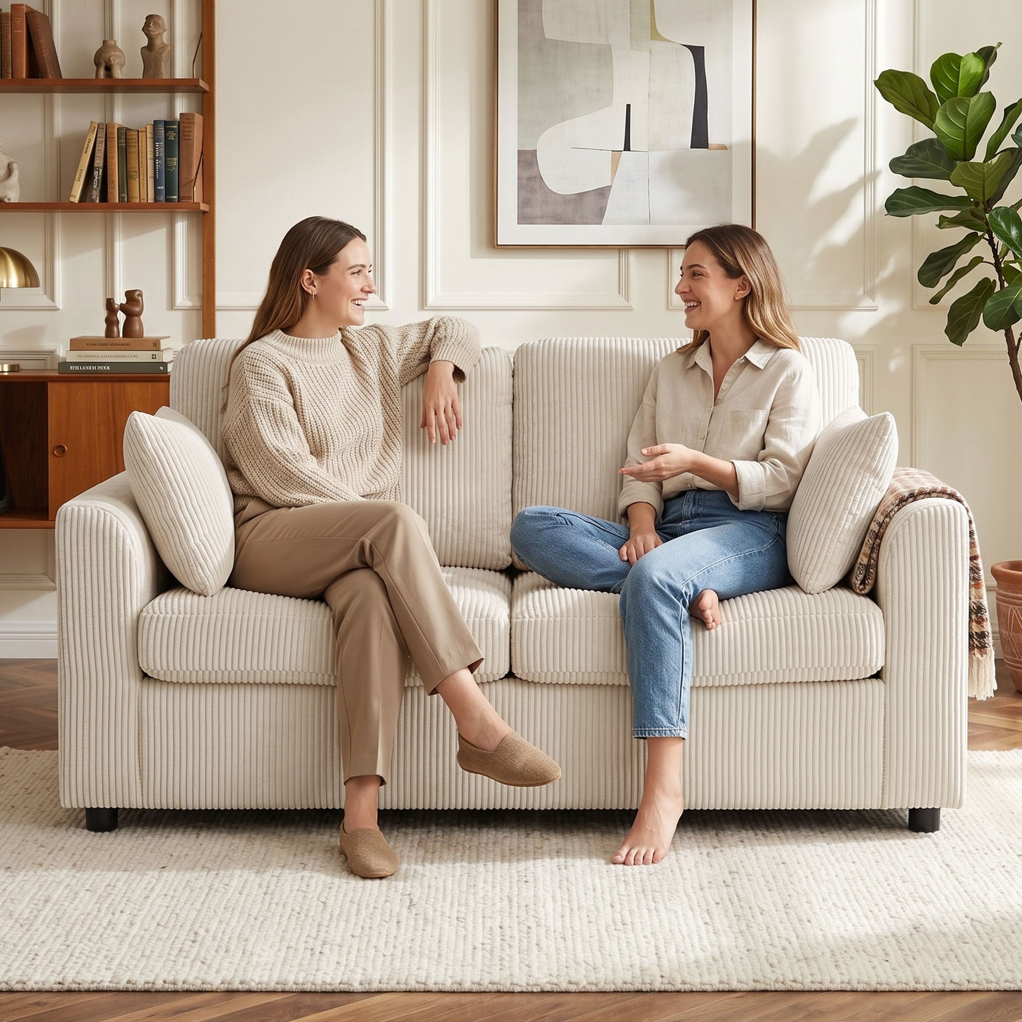 Canapé 2 Places en Velours Côtelé, Canapé de Salon 144 cm avec Assise Large Rembourrée, Coussin Épais à Ressorts, 2 Oreillers, Style Moderne, pour Chambre, Appartement, Petit Espace, Beige
