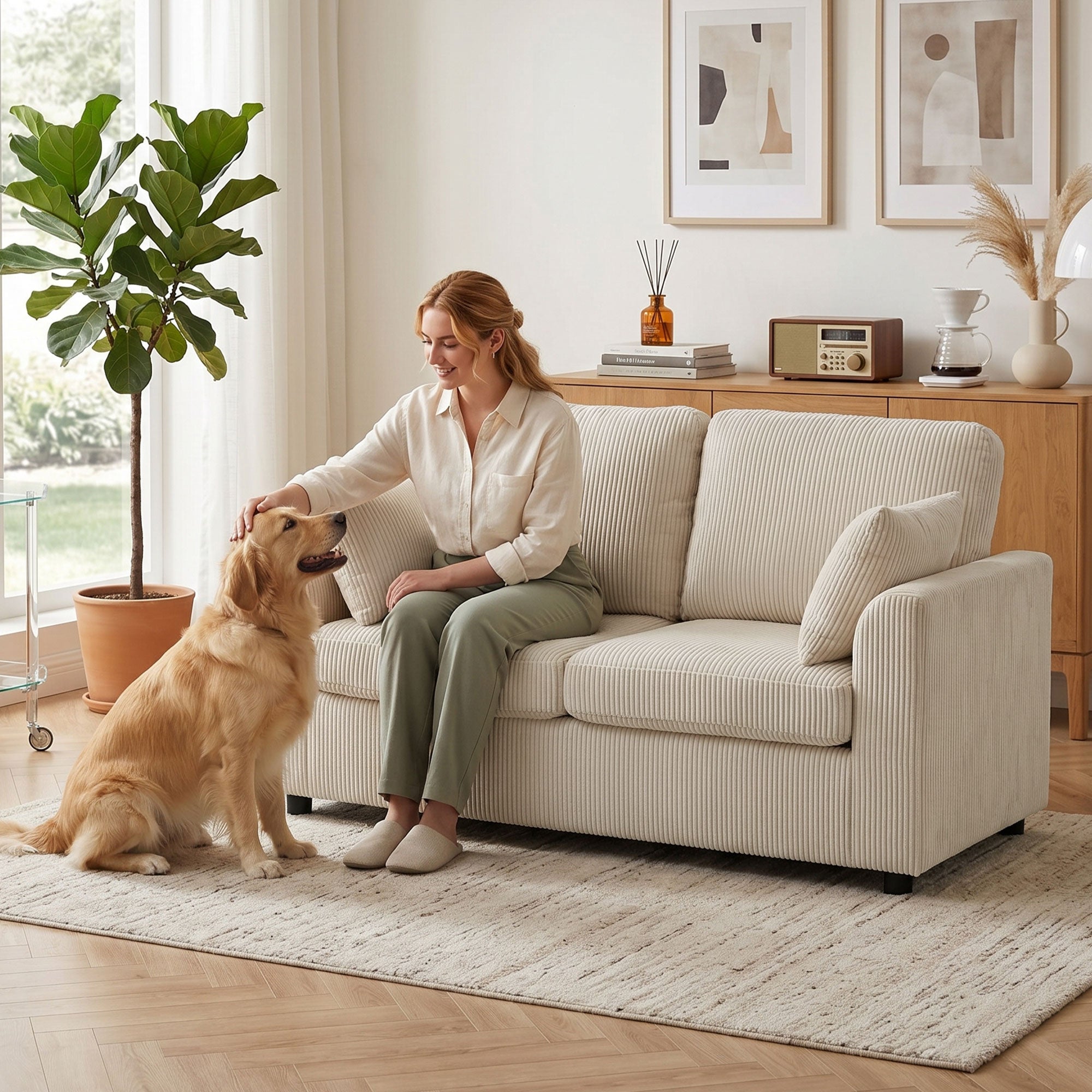 Canapé 2 Places en Velours Côtelé, Canapé de Salon 144 cm avec Assise Large Rembourrée, Coussin Épais à Ressorts, 2 Oreillers, Style Moderne, pour Chambre, Appartement, Petit Espace, Beige