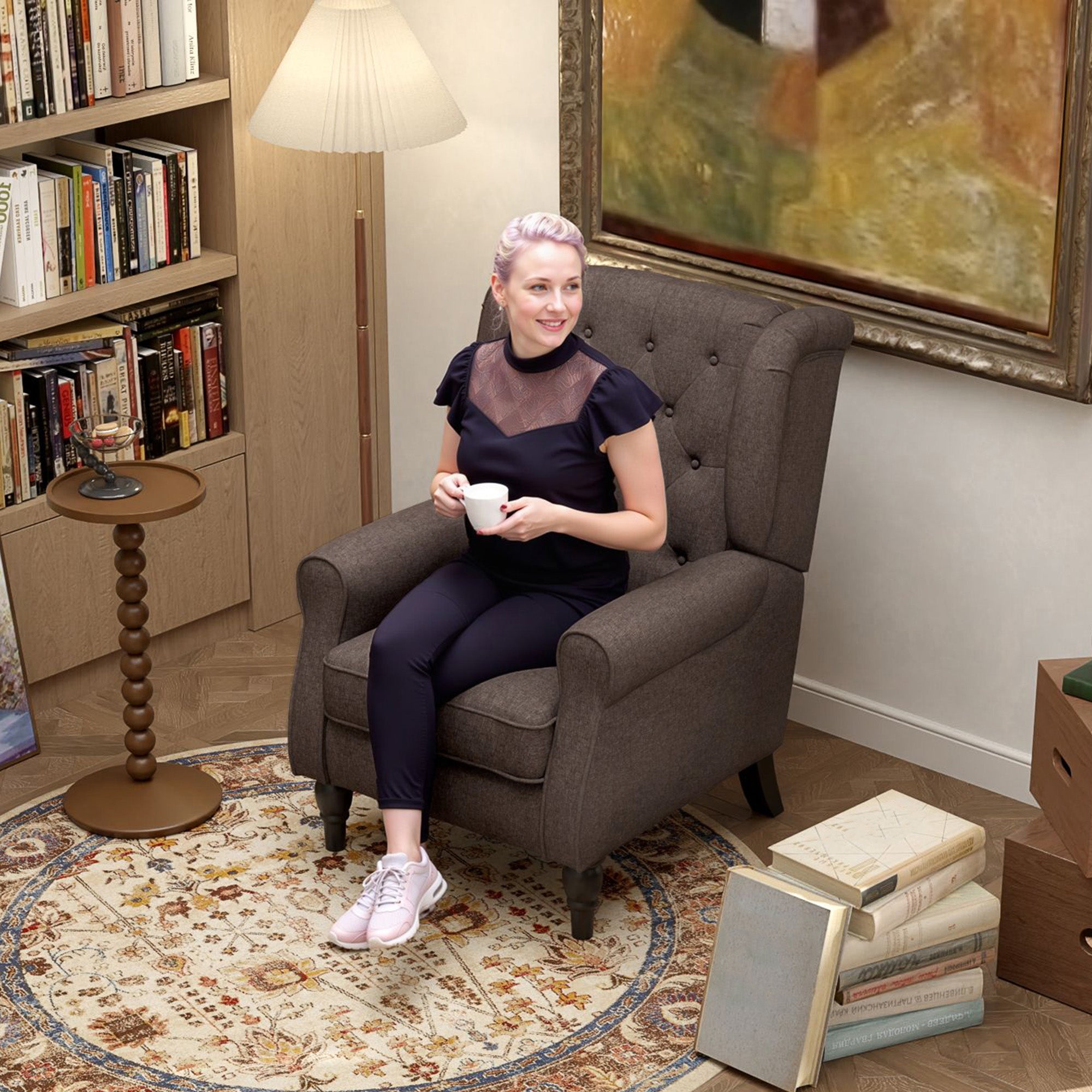 Fauteuil de salon, fauteuil capitonné avec pieds en bois, assise large, grand confort, style classique, 74 x 86 x 102 cm, marron