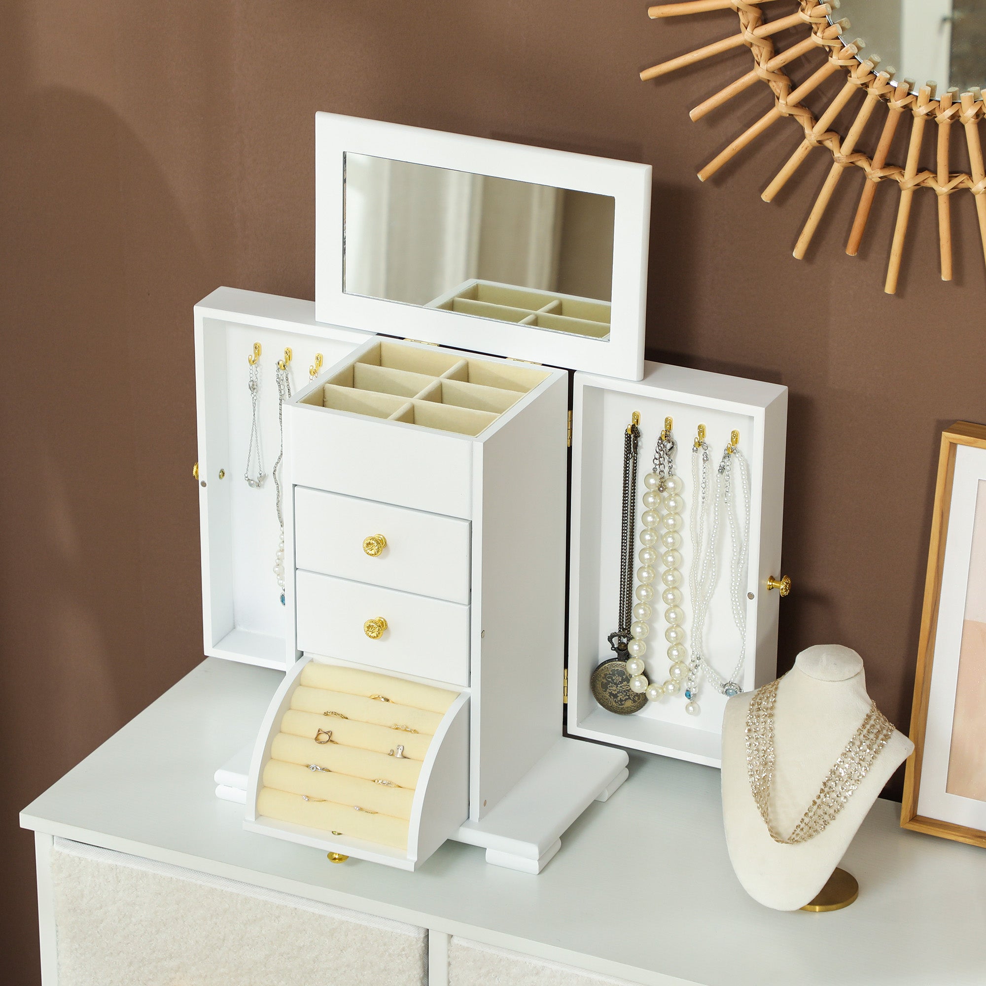 Boîte à Bijoux Femme à 4 Niveaux, Coffre à Bijoux en Bois avec Ailes, Miroir et 2 Tiroirs pour Bagues, Boucles d'Oreilles, Colliers et Bracelets, Blanc