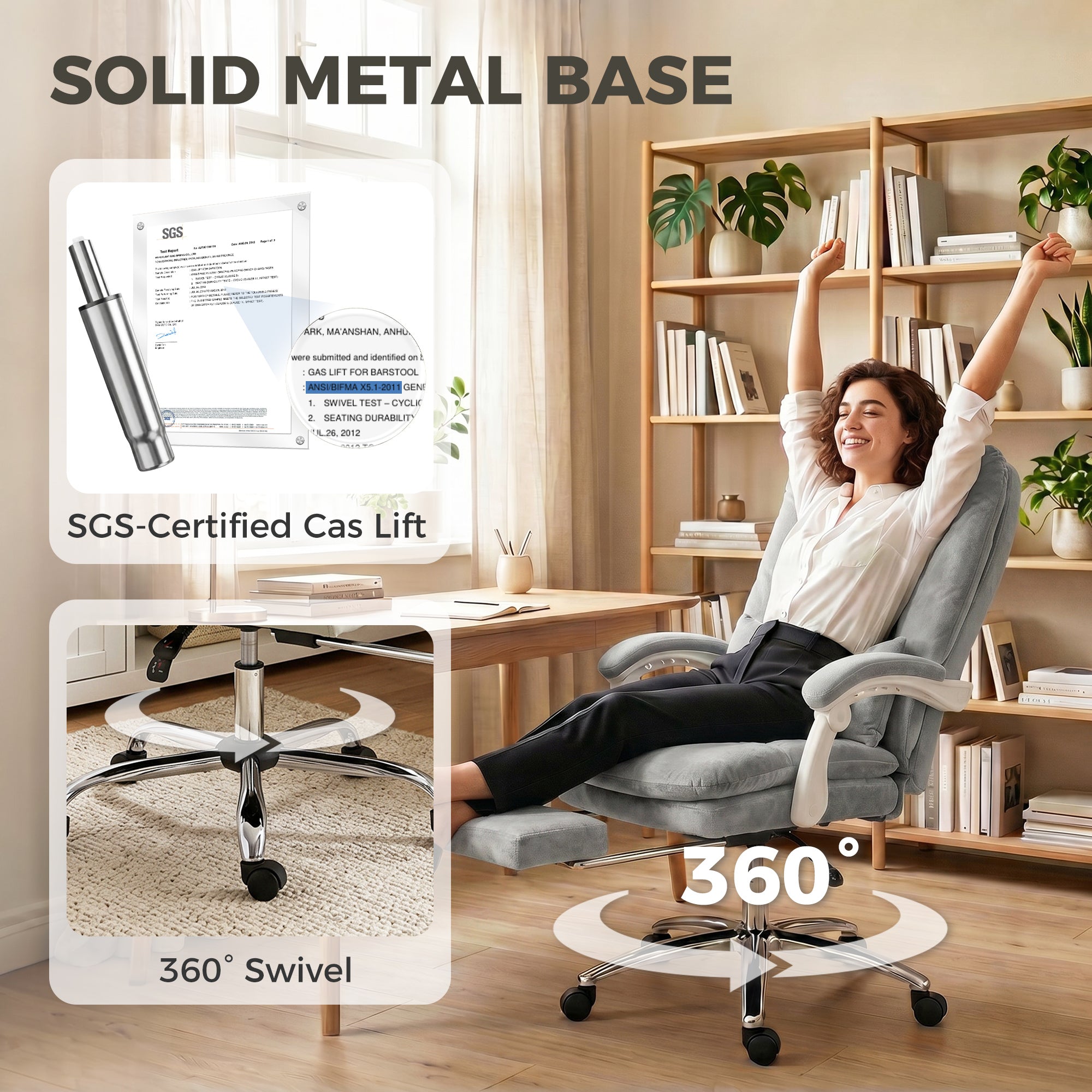 Chaise Bureau Ergonomique, Fauteuil de Bureau Inclinable en Velours avec Support Lombaire, Hauteur Réglable, Repose-Pieds, Coussin Épais, Travail Pivotante 360° pour Ordinateur, Gris Clair