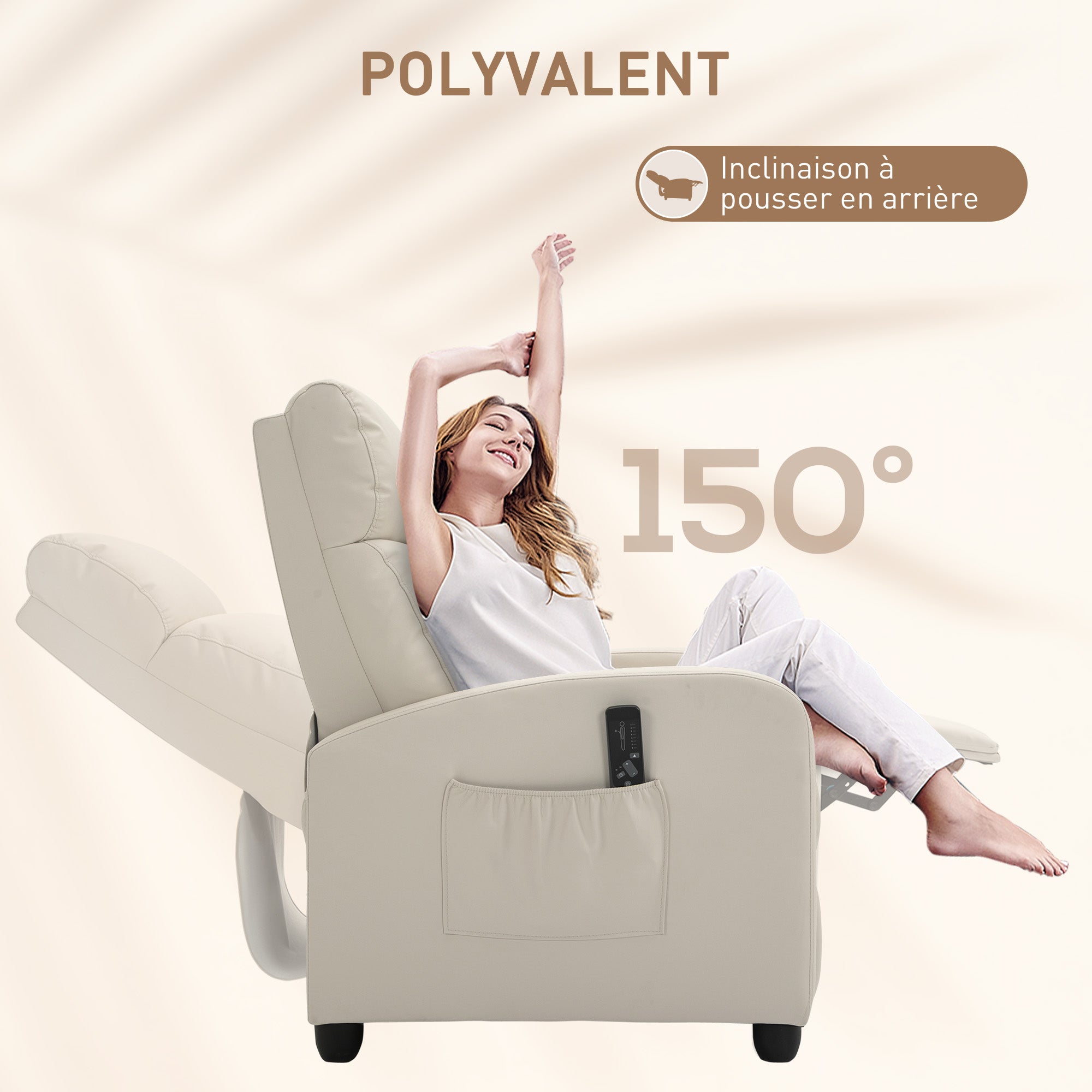 Fauteuil de Relaxation et Massage électrique avec Inclinaison Manuelle Dossier Repose-Pied réglable revêtement synthétique Crème