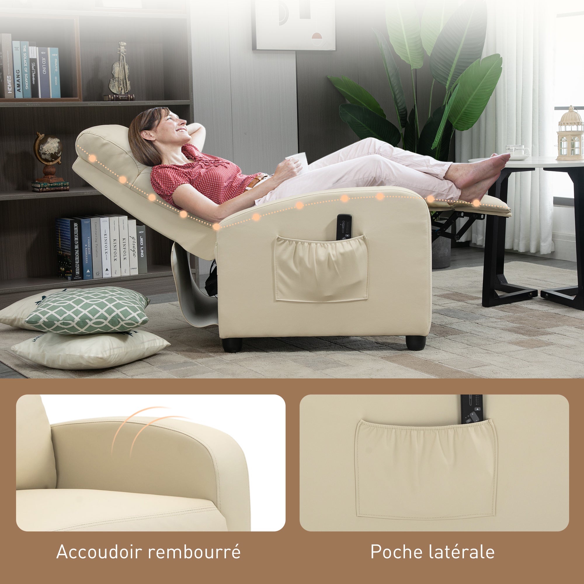 Fauteuil de Relaxation et Massage électrique avec Inclinaison Manuelle Dossier Repose-Pied réglable revêtement synthétique Crème