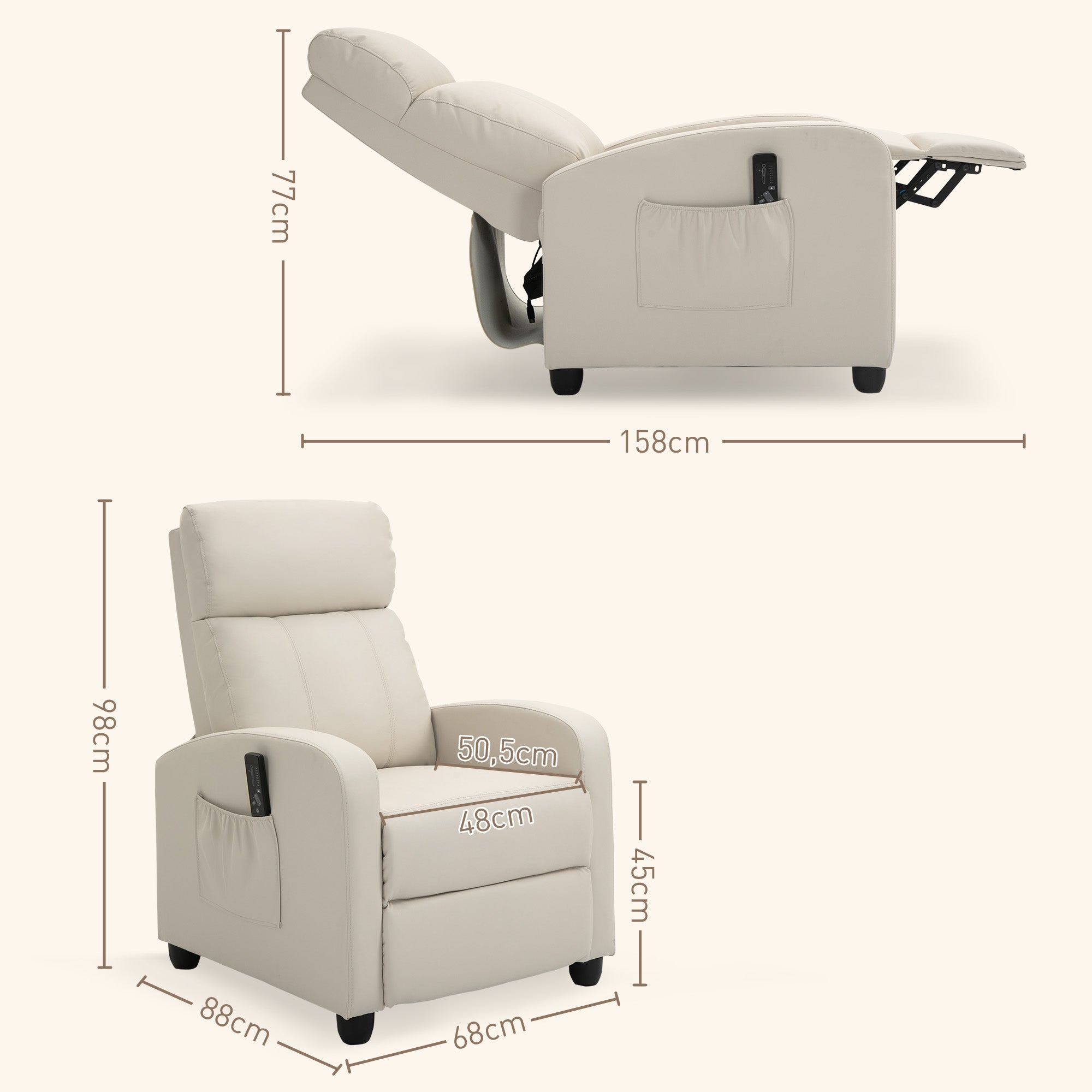 Fauteuil de Relaxation et Massage électrique avec Inclinaison Manuelle Dossier Repose-Pied réglable revêtement synthétique Crème