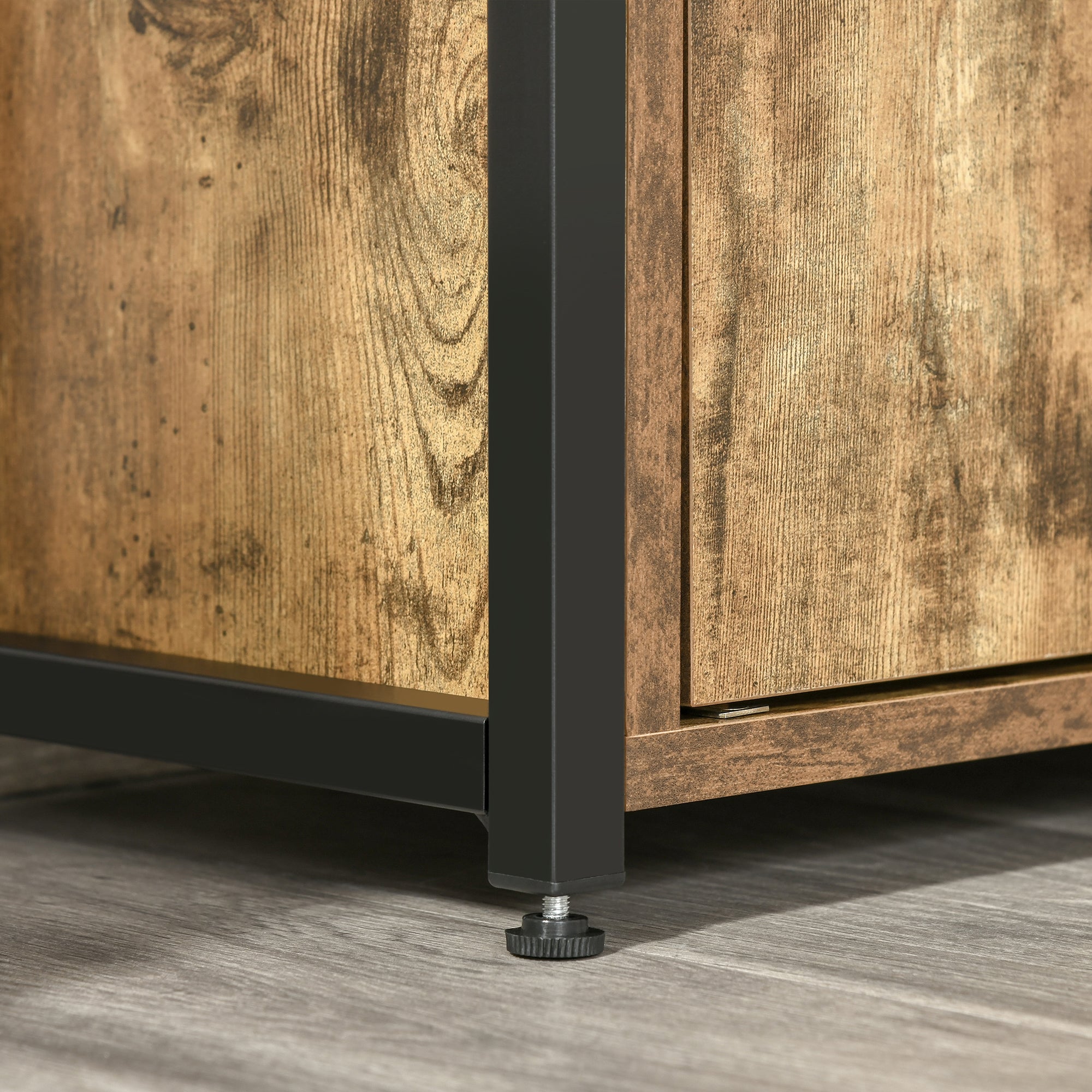 Bibliothèque Style Industriel 3 étagères Placard Porte 2 tiroirs Panneaux Particules Aspect Vieux Bois Acier Noir