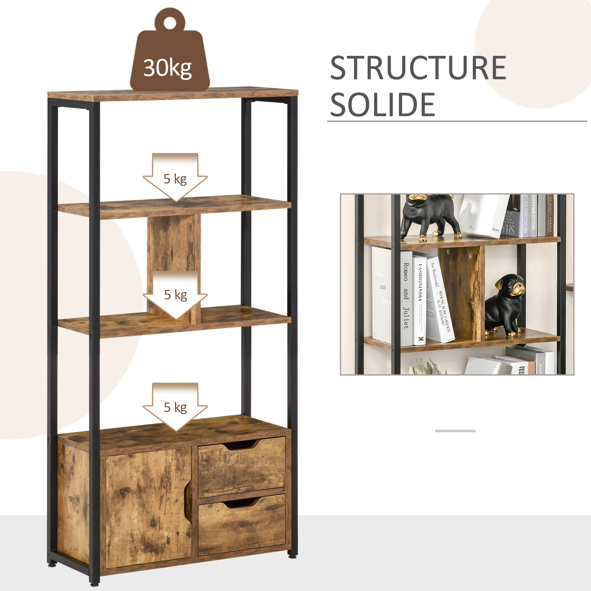 Bibliothèque Style Industriel 3 étagères Placard Porte 2 tiroirs Panneaux Particules Aspect Vieux Bois Acier Noir