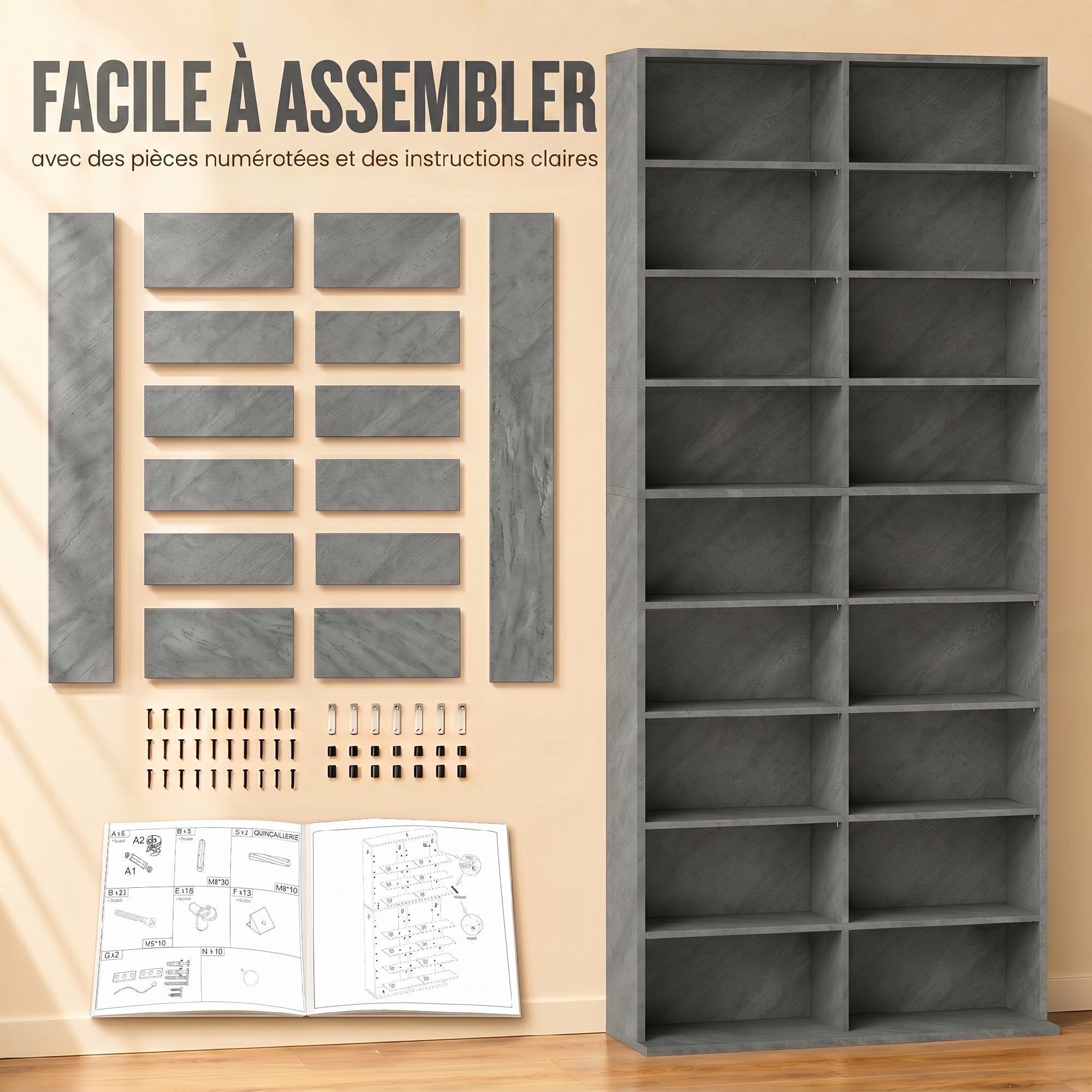 Rangements pour CD et DVD, meuble de rangement multimédia, capacité max. 640 CD/360 DVD et 430 Blu-ray, 18 compartiments 14 étagères réglables, pour salon, chambre, 78,5x24x175cm, gris clair