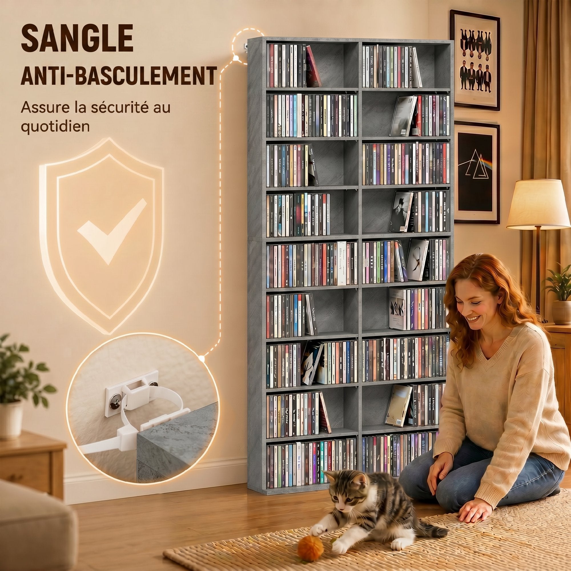 Rangements pour CD et DVD, meuble de rangement multimédia, capacité max. 640 CD/360 DVD et 430 Blu-ray, 18 compartiments 14 étagères réglables, pour salon, chambre, 78,5x24x175cm, gris clair