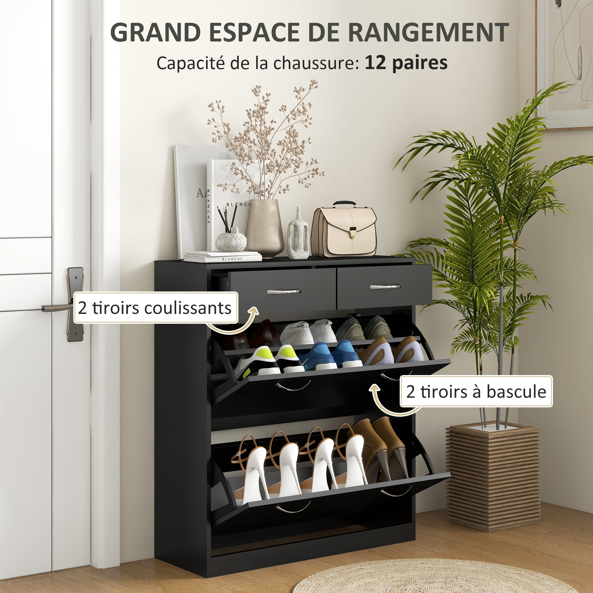 Meuble à chaussures armoire à chaussures - 2 tiroirs et 2 portes abattantes avec étagère réglable - 80 x 30 x 91,5 cm - poignées en aluminium, noir