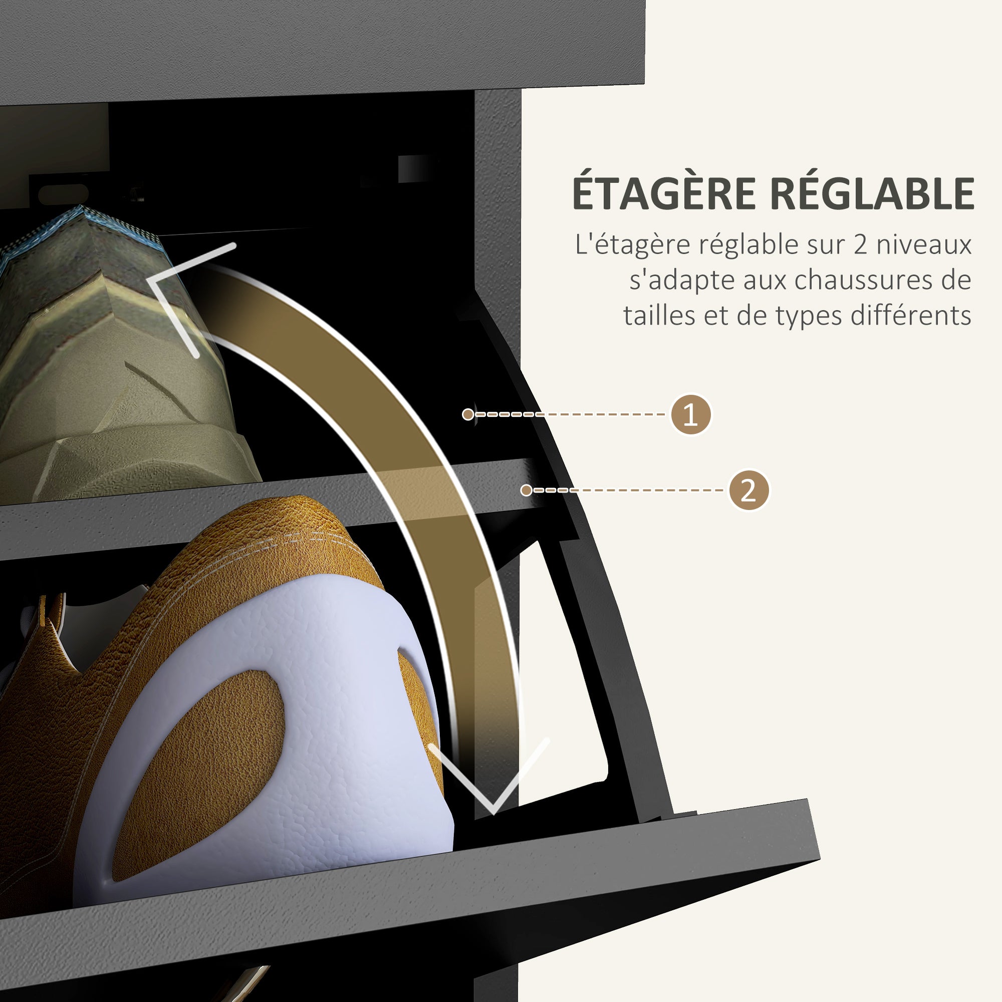 Meuble à chaussures armoire à chaussures - 2 tiroirs et 2 portes abattantes avec étagère réglable - 80 x 30 x 91,5 cm - poignées en aluminium, noir