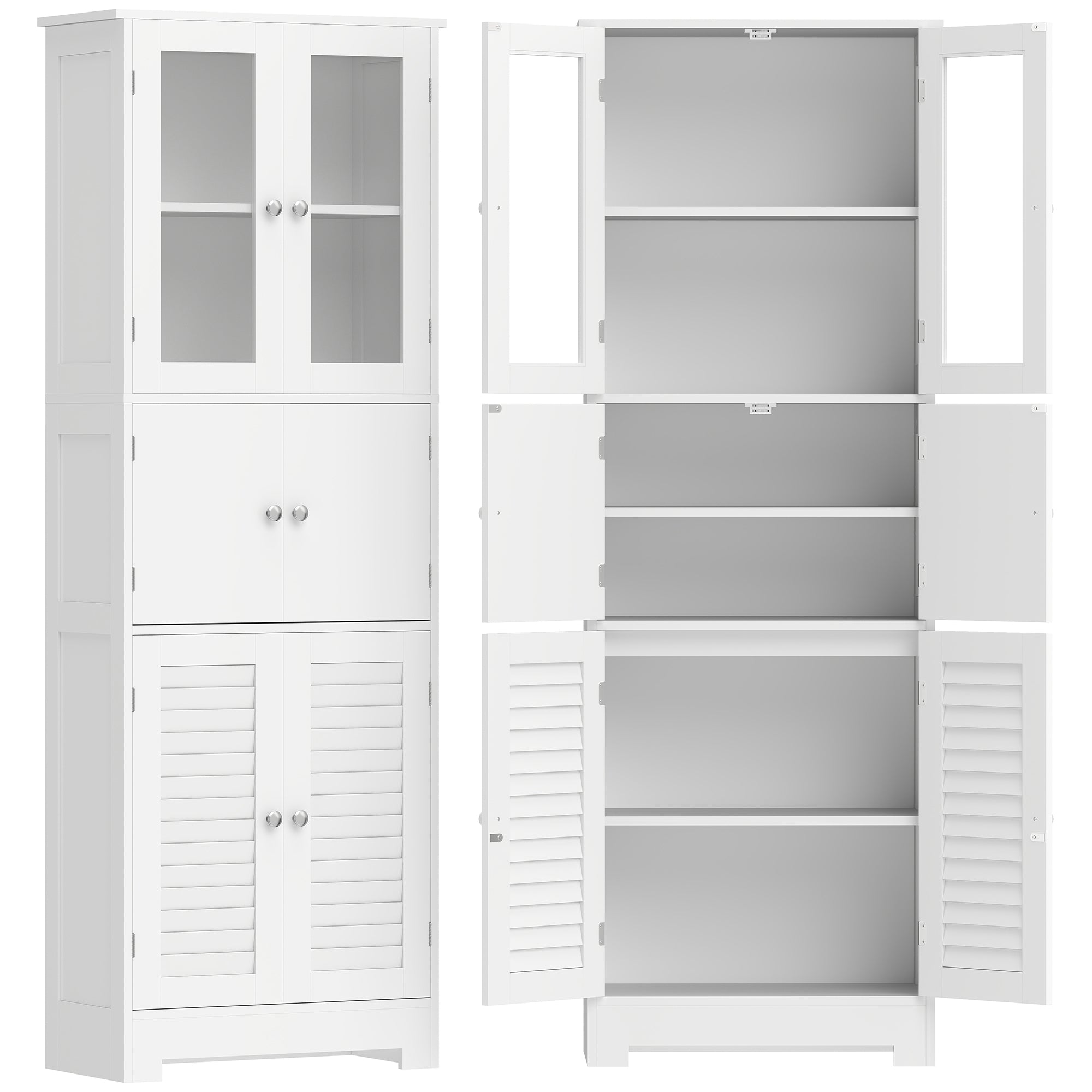 Meuble de salle de bain haut, meuble de rangement, colonne salle de bain avec 6 portes dont 2 vitrées et 2 persiennes, étagère réglable, style moderne, pour salon, chambre, 60x30x170,5cm, blanc