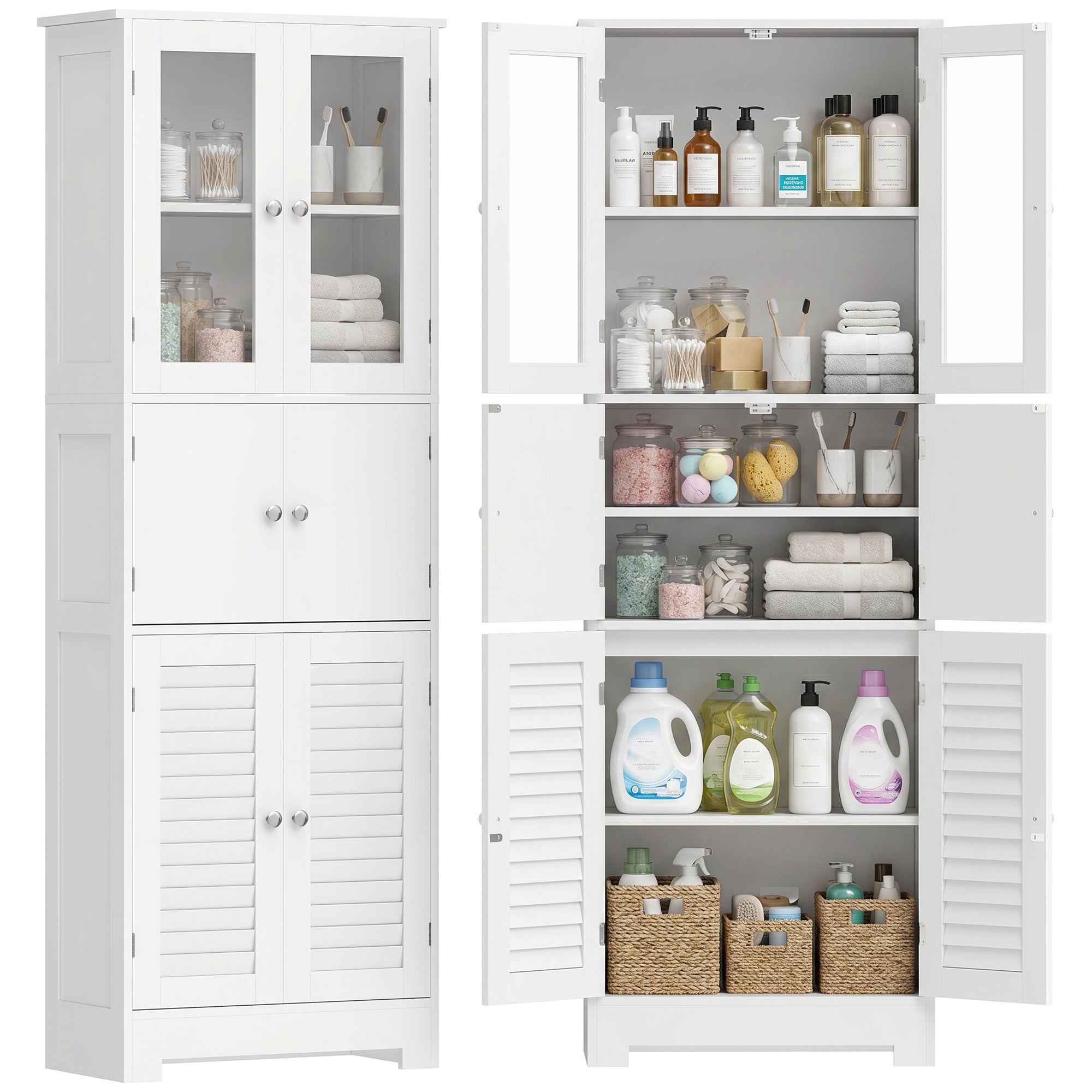 Meuble de salle de bain haut, meuble de rangement, colonne salle de bain avec 6 portes dont 2 vitrées et 2 persiennes, étagère réglable, style moderne, pour salon, chambre, 60x30x170,5cm, blanc