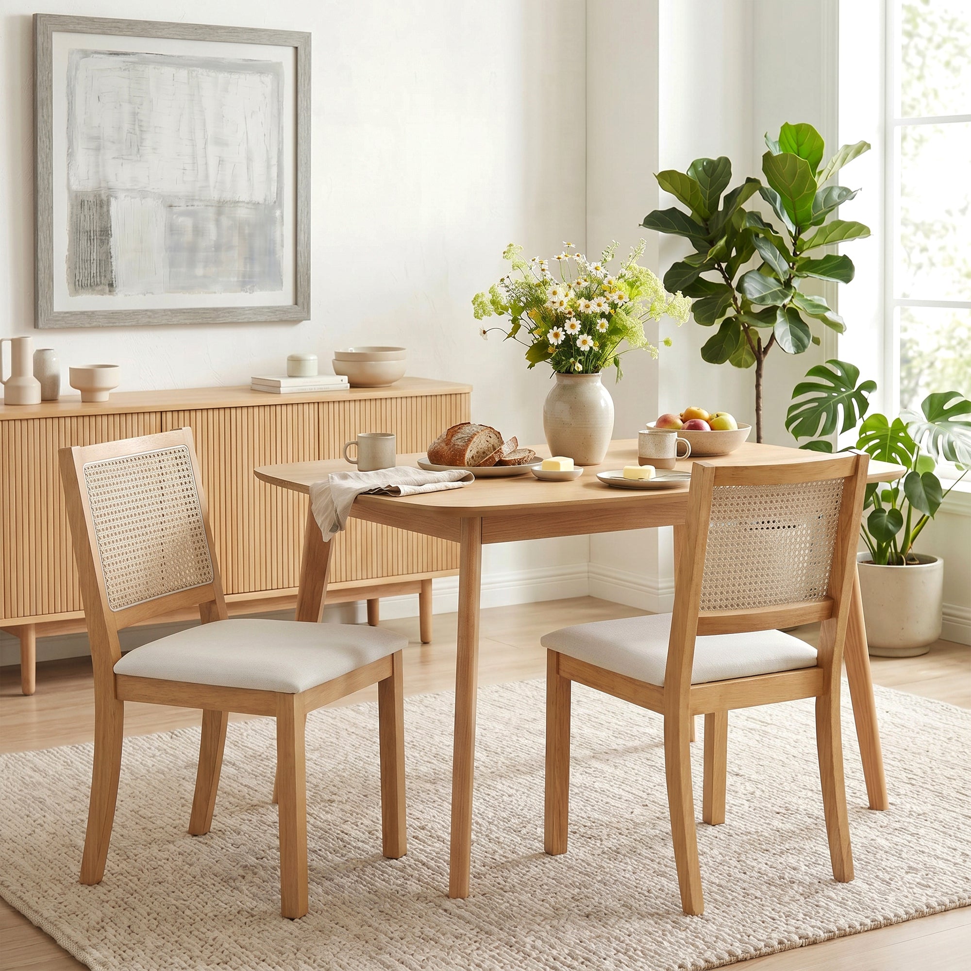 Lot de 2 chaises de salle à manger, chaises de cuisine avec assise rembourrée, dossier effet rotin, structure en bois d'hévéa massif, tissu aspect lin, crème et chêne