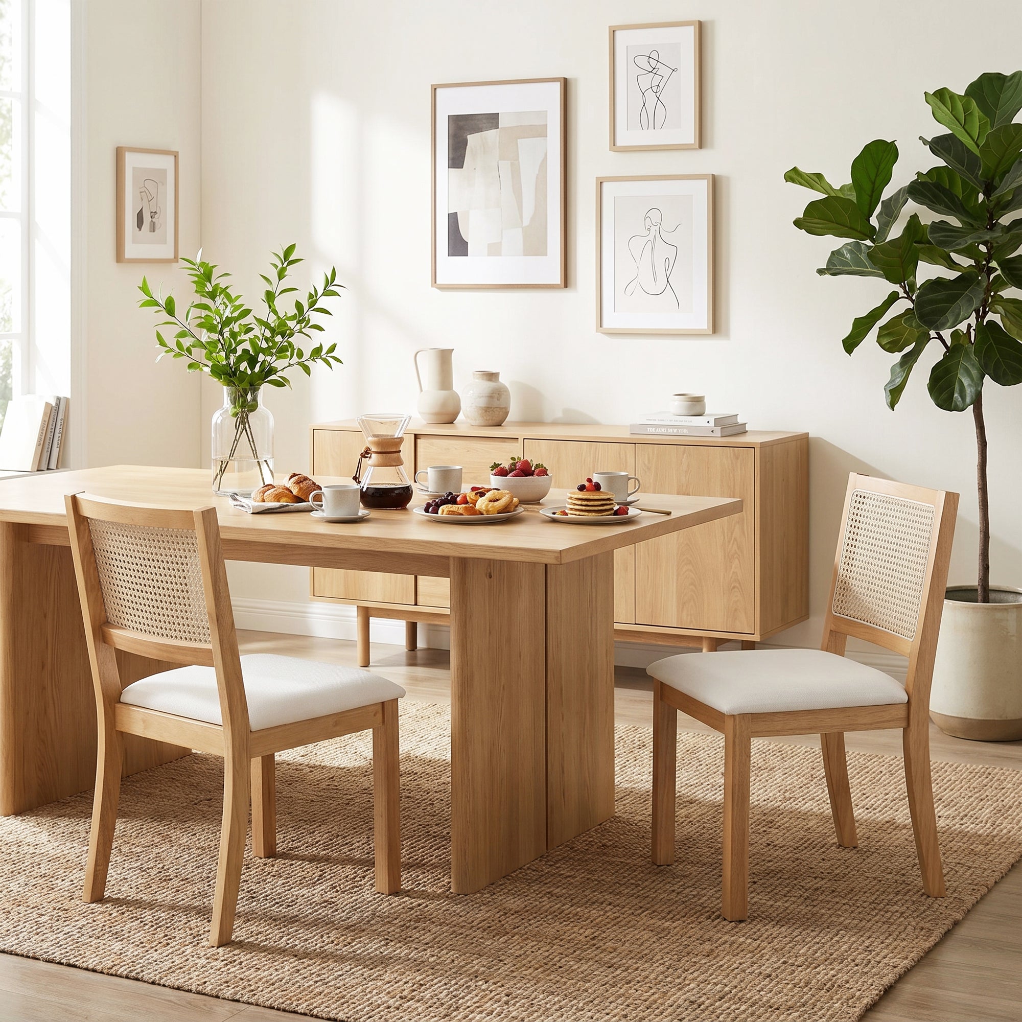 Lot de 2 chaises de salle à manger, chaises de cuisine avec assise rembourrée, dossier effet rotin, structure en bois d'hévéa massif, tissu aspect lin, crème et chêne