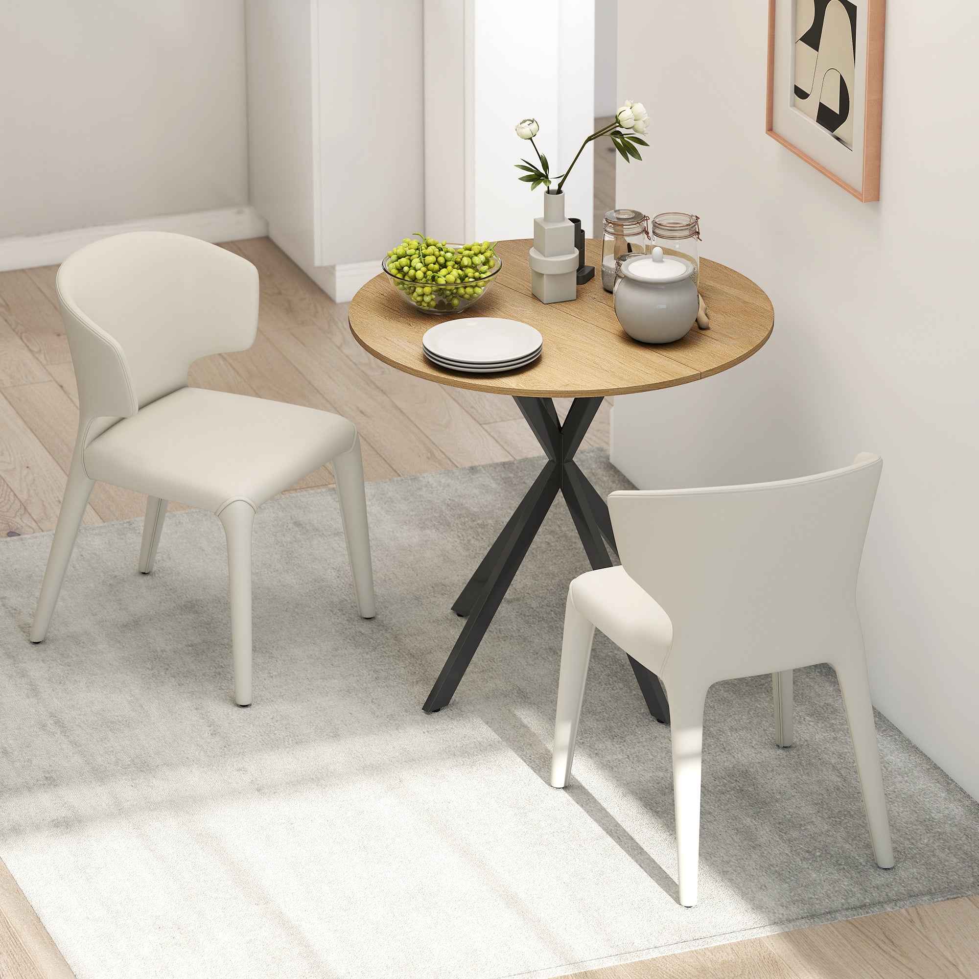 Table à manger ronde pour 2 personnes table de cuisine 80 cm style industriel avec plateau aspect bois et piètement croisé en acier, blanc chêne