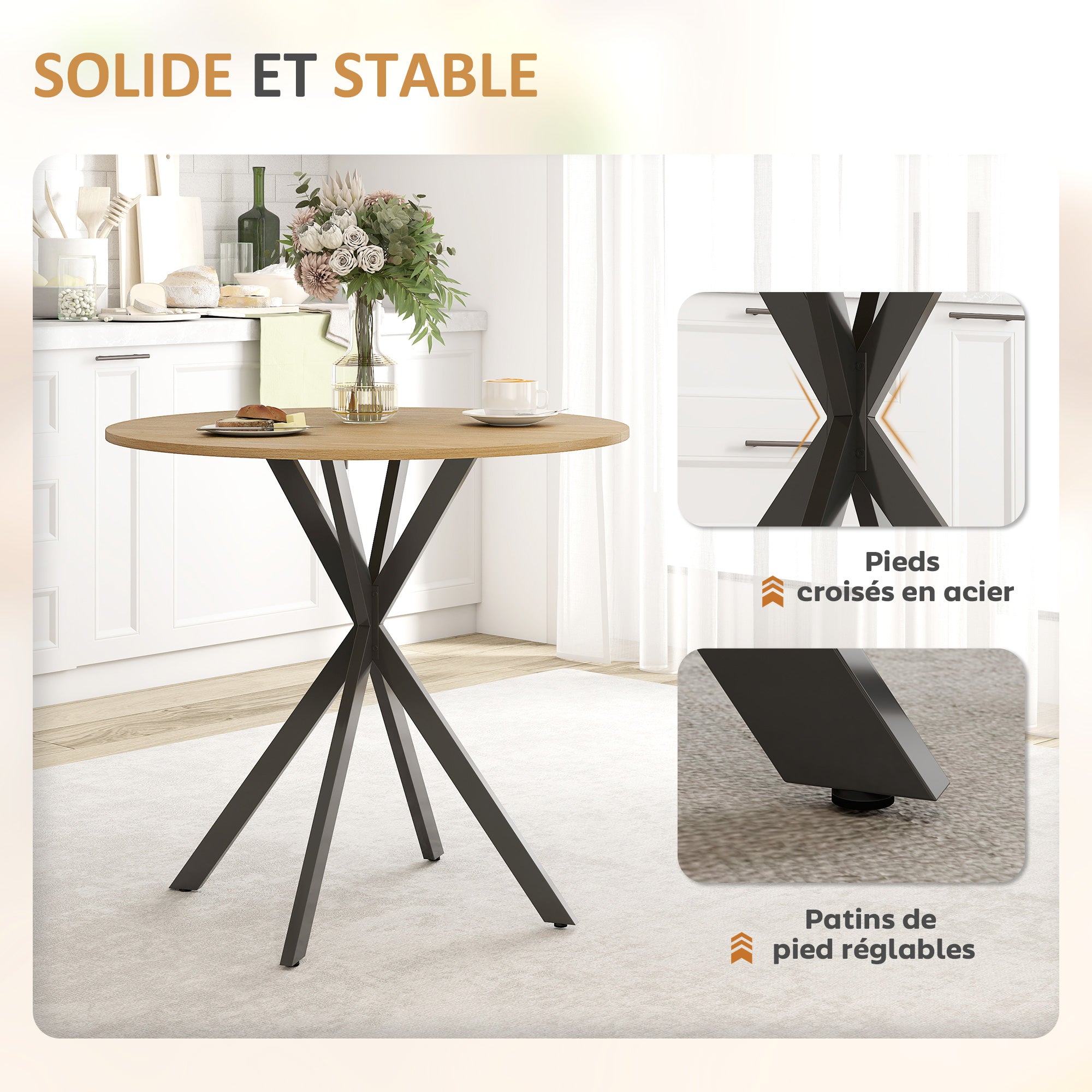 Table à manger ronde pour 2 personnes table de cuisine 80 cm style industriel avec plateau aspect bois et piètement croisé en acier, blanc chêne