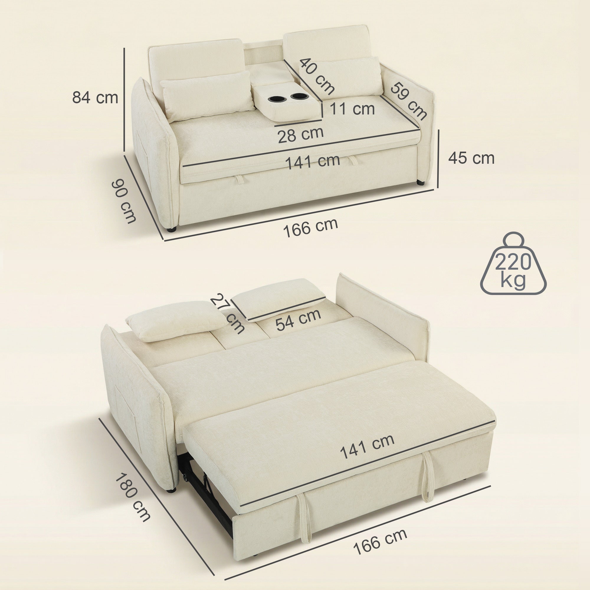 Canapé convertible 2 places 3 en 1, canapé-lit clic clac en chenille avec dossier réglable, porte-gobelets, poches latérales, 2 coussins, pour salon, chambre d'amis, petit espace, beige