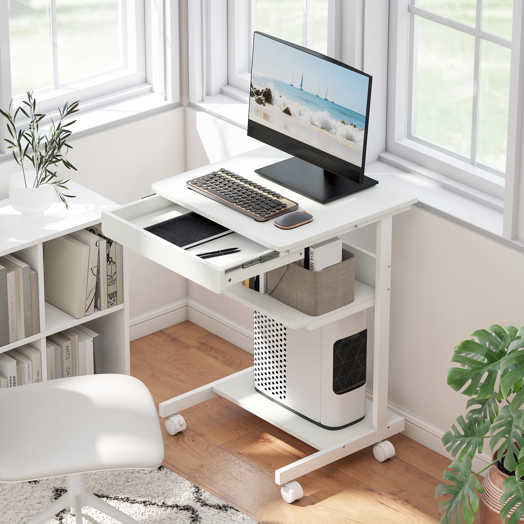 Bureau d'ordinateur sur roues, bureau avec rangement 56 x 51 cm avec tiroir, compartiment et support CPU, table informatique pour étudier pour petits espaces chambre, blanc