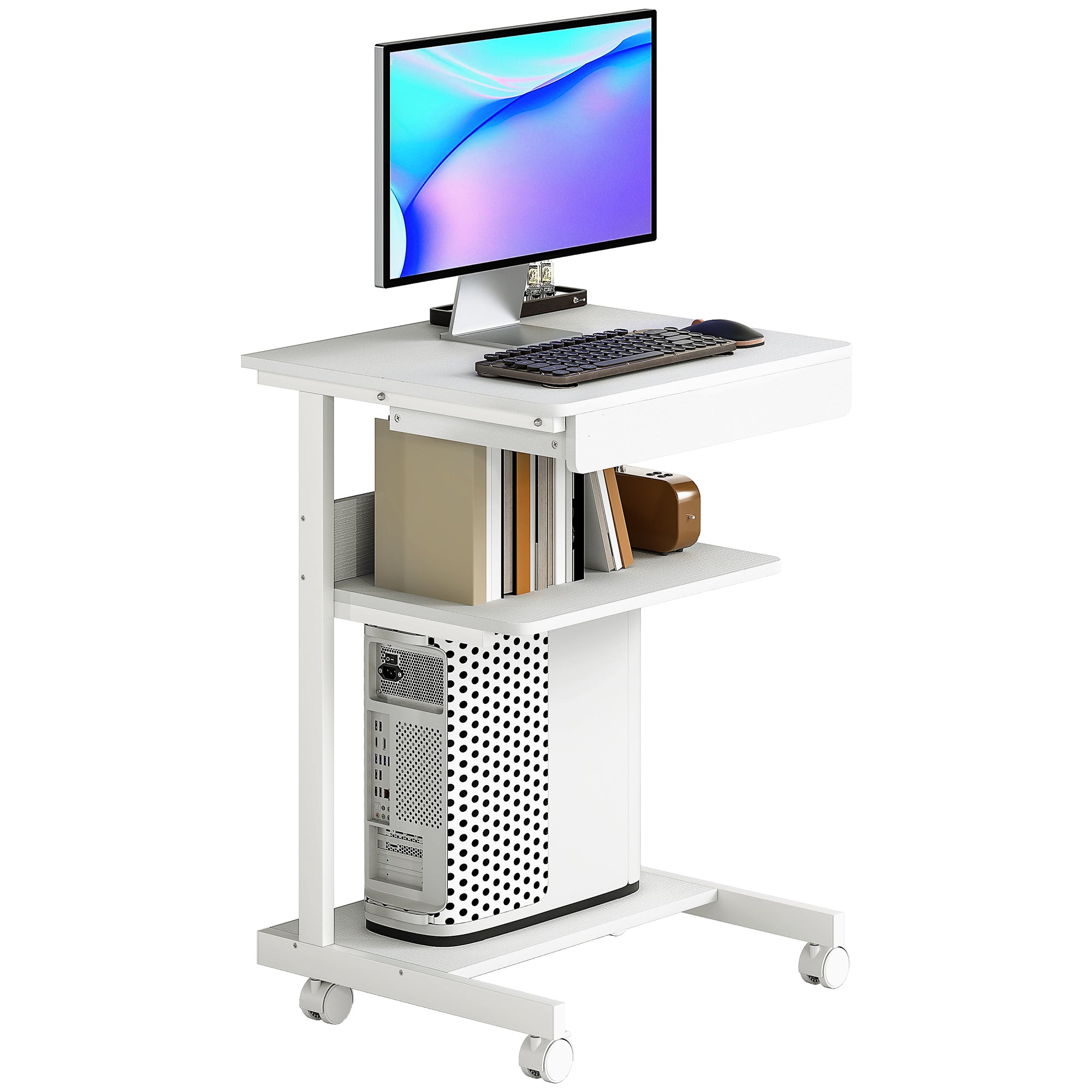 Bureau d'ordinateur sur roues, bureau avec rangement 56 x 51 cm avec tiroir, compartiment et support CPU, table informatique pour étudier pour petits espaces chambre, blanc