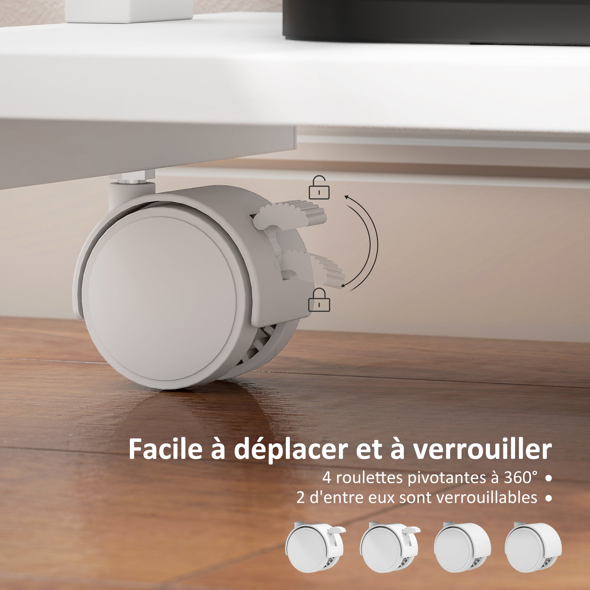 Bureau d'ordinateur sur roues, bureau avec rangement 56 x 51 cm avec tiroir, compartiment et support CPU, table informatique pour étudier pour petits espaces chambre, blanc