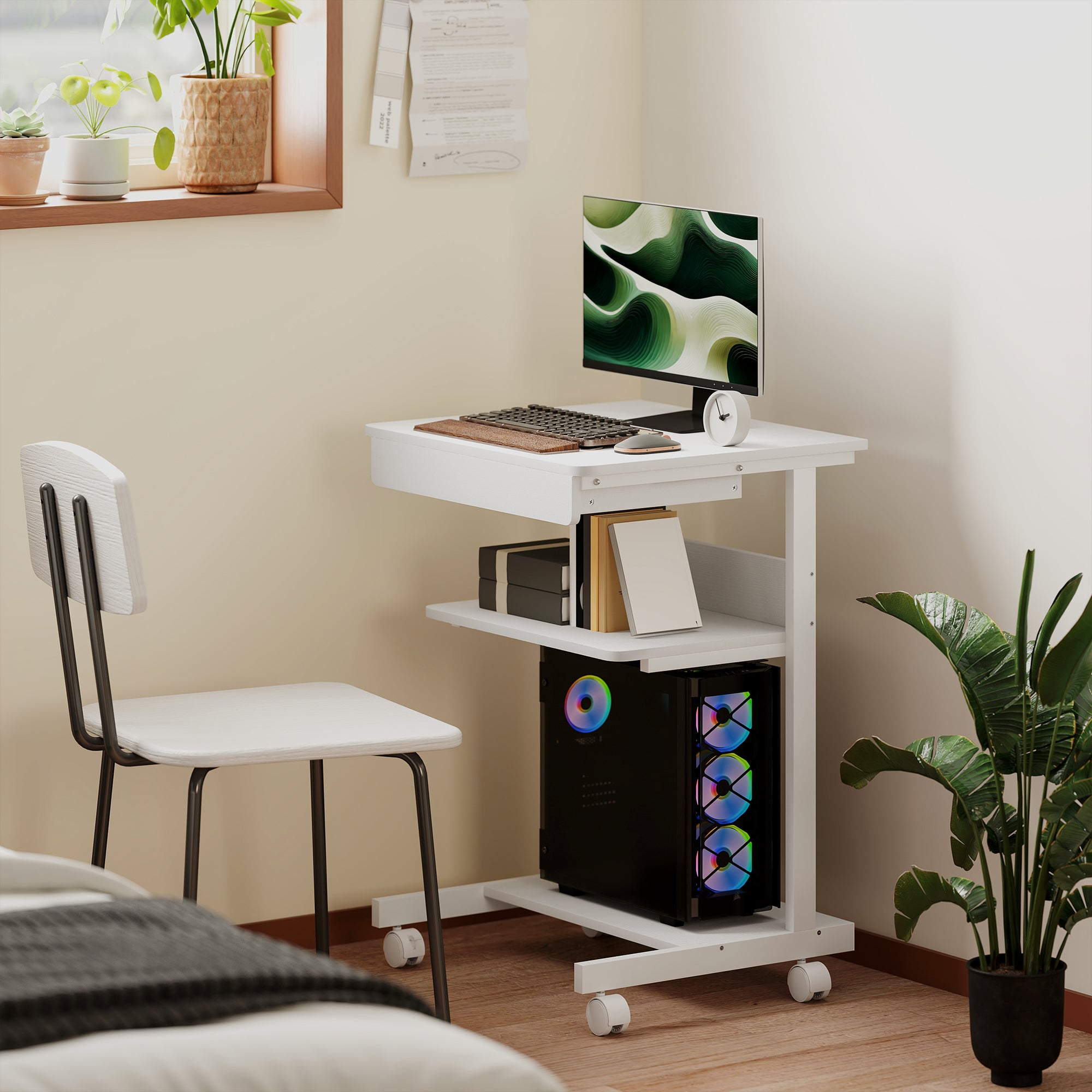 Bureau d'ordinateur sur roues, bureau avec rangement 56 x 51 cm avec tiroir, compartiment et support CPU, table informatique pour étudier pour petits espaces chambre, blanc