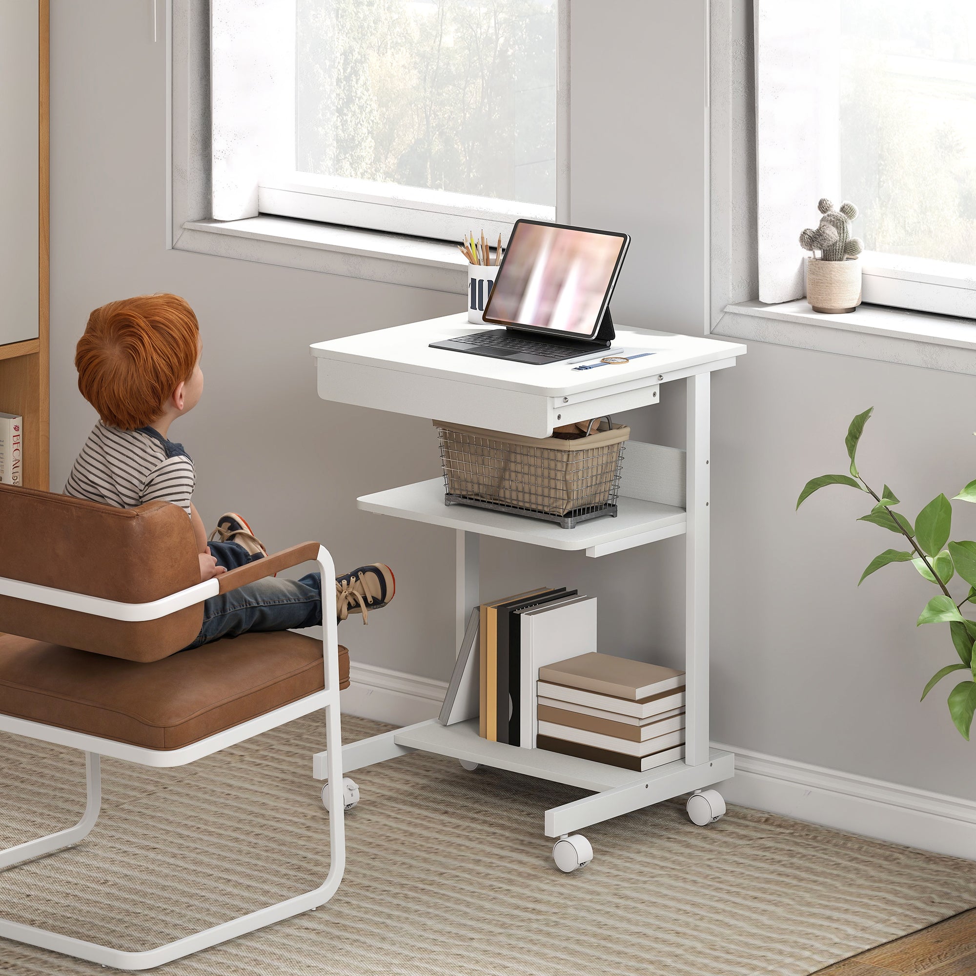 Bureau d'ordinateur sur roues, bureau avec rangement 56 x 51 cm avec tiroir, compartiment et support CPU, table informatique pour étudier pour petits espaces chambre, blanc