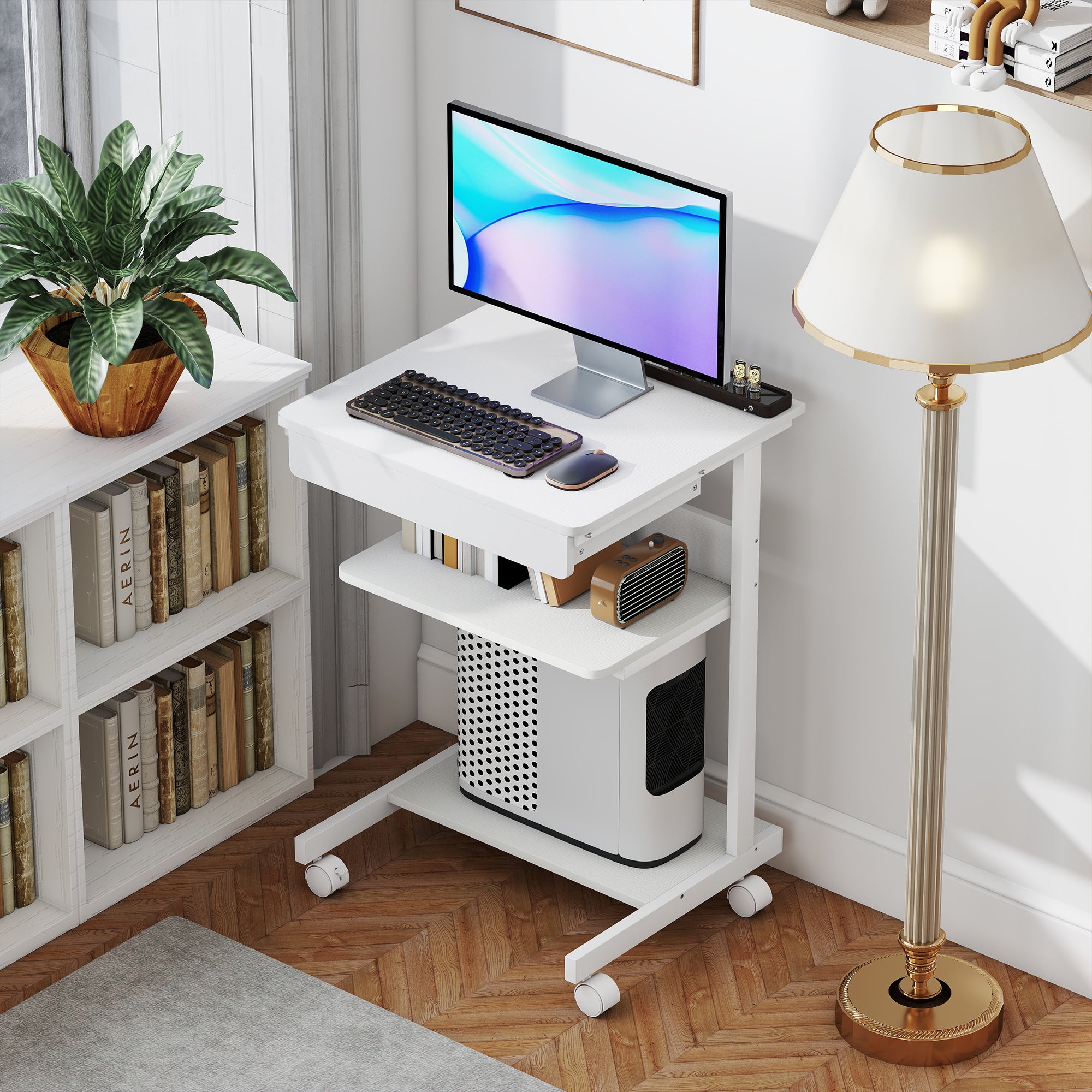 Bureau d'ordinateur sur roues, bureau avec rangement 56 x 51 cm avec tiroir, compartiment et support CPU, table informatique pour étudier pour petits espaces chambre, blanc