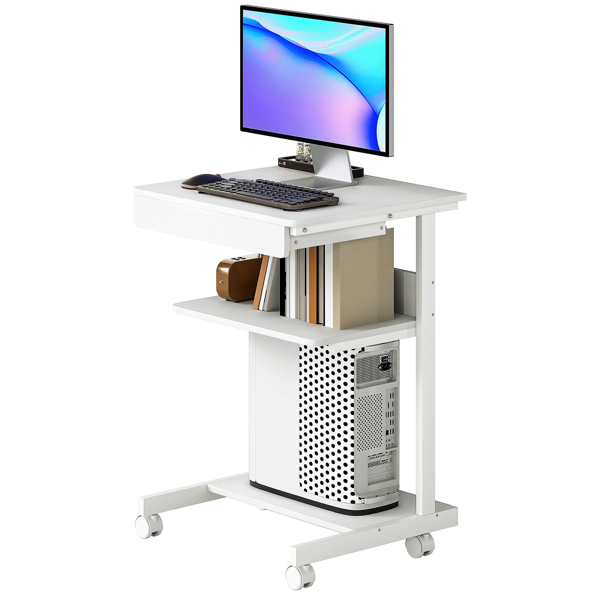 Bureau d'ordinateur sur roues, bureau avec rangement 56 x 51 cm avec tiroir, compartiment et support CPU, table informatique pour étudier pour petits espaces chambre, blanc