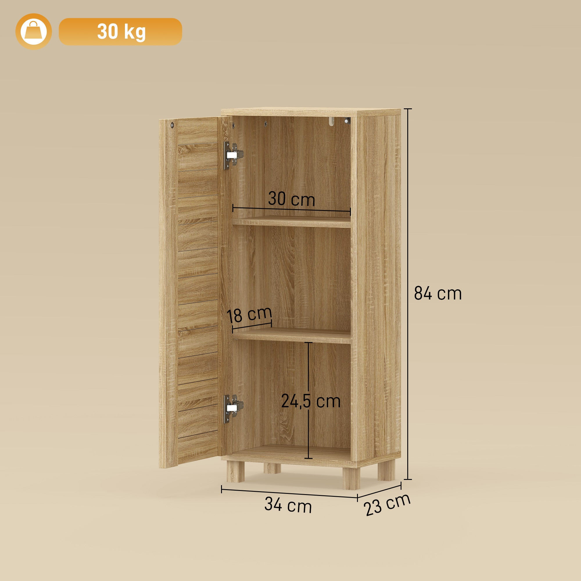 Meuble de Salle de Bain en Bois, Meuble de Rangement avec Étagère Réglable et Porte à Lamelles, Ouverture Pression, pour Salle de Bain, Salon, Chambre, 34 x 23 x 84 cm, Naturel