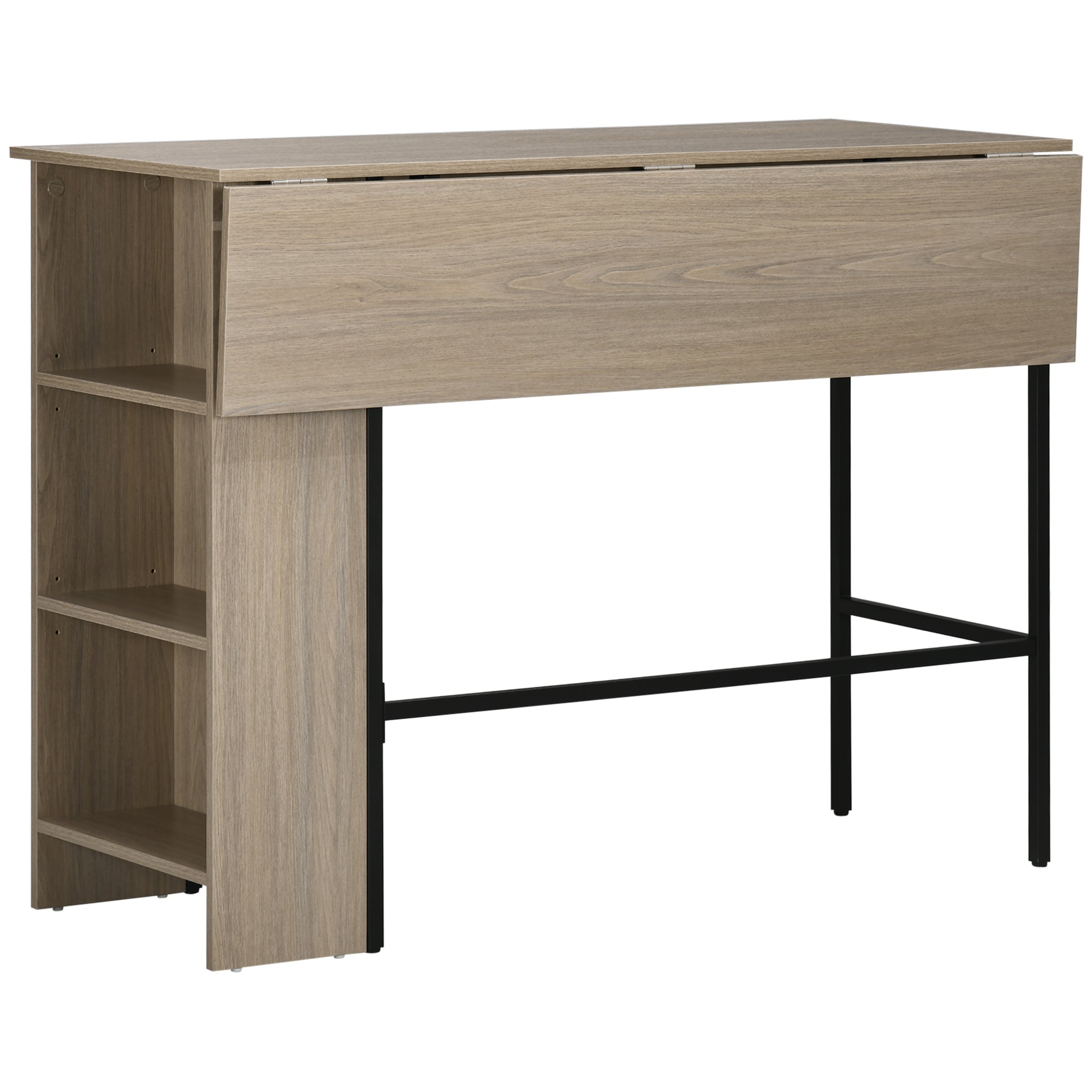 Table de bar avec rangement Table Bistrot Ilot central plateau latéral rabattable et 3 étagères - 120 x 76 x 91,4 cm