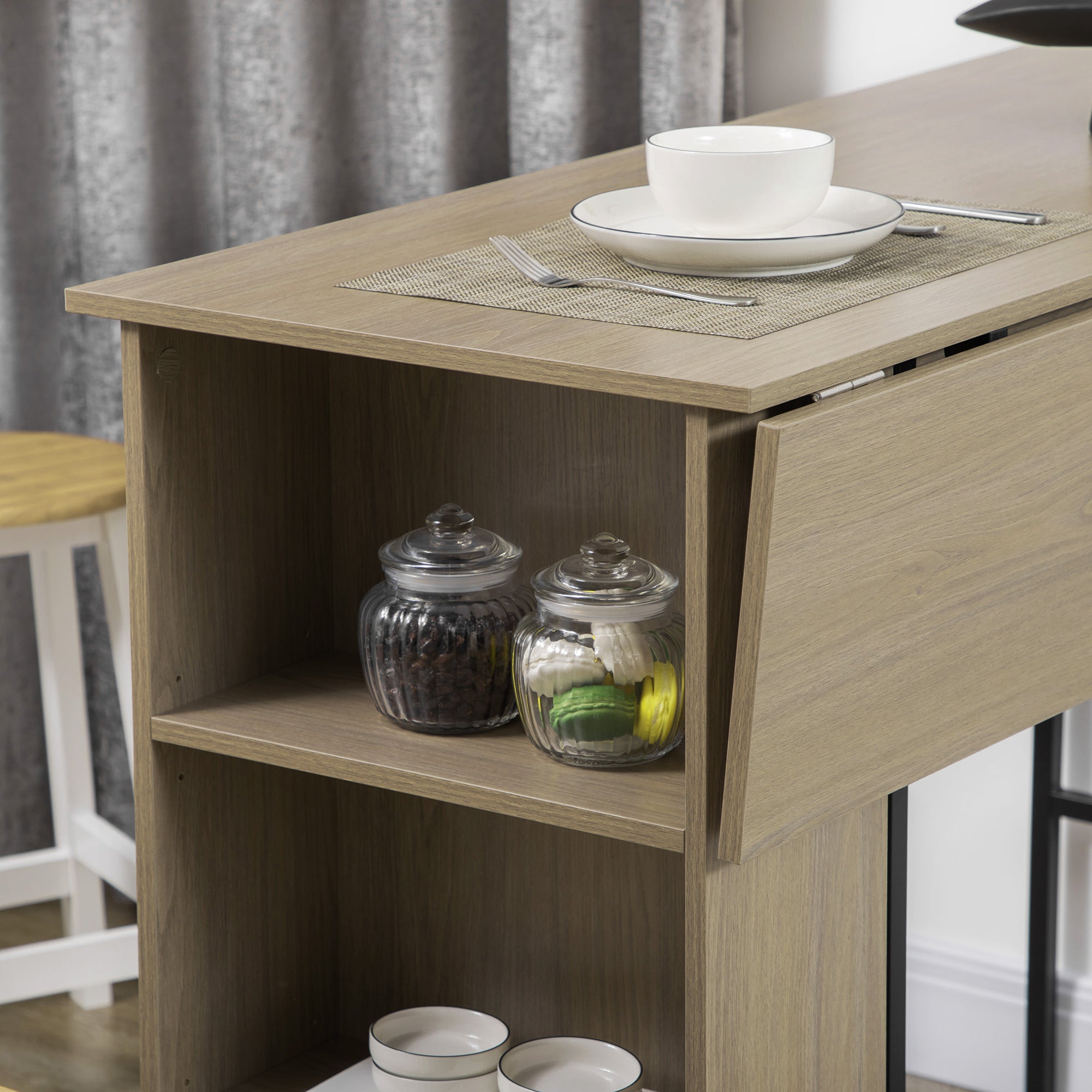 Table de bar avec rangement Table Bistrot Ilot central plateau latéral rabattable et 3 étagères - 120 x 76 x 91,4 cm