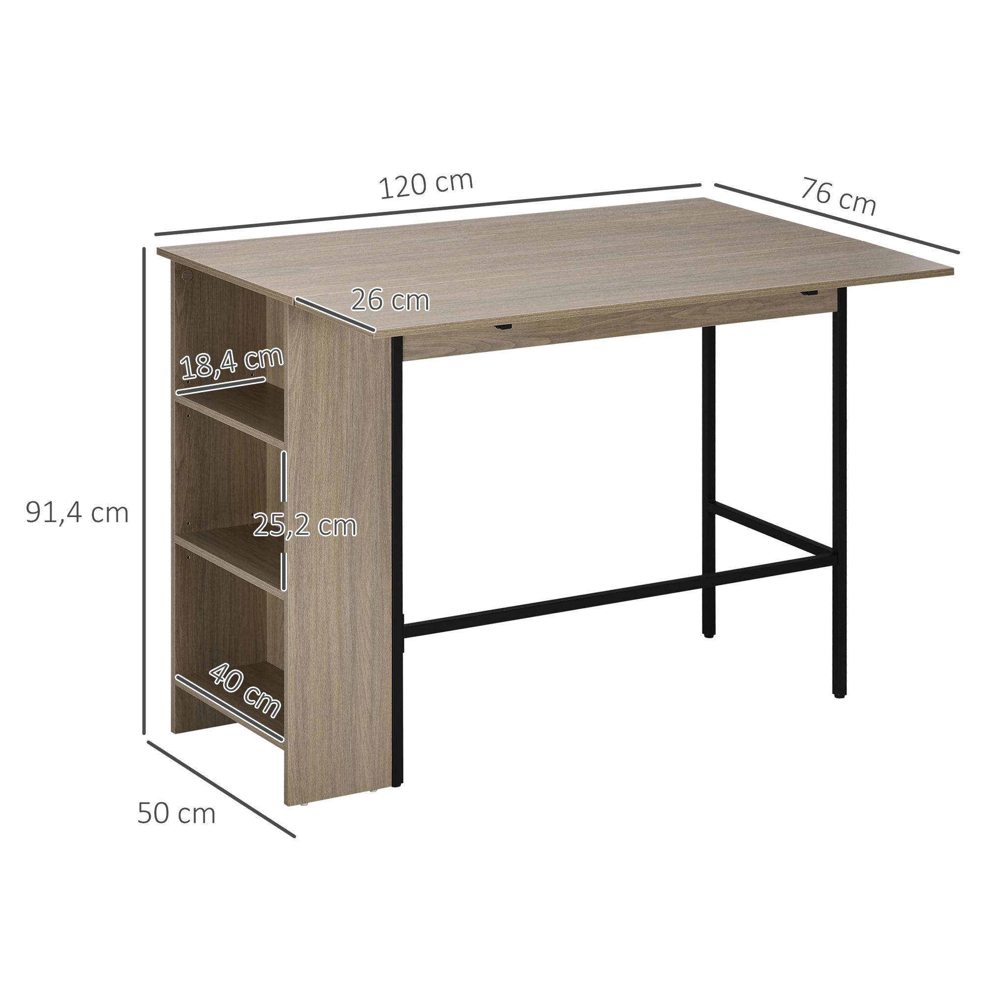 Table de bar avec rangement Table Bistrot Ilot central plateau latéral rabattable et 3 étagères - 120 x 76 x 91,4 cm