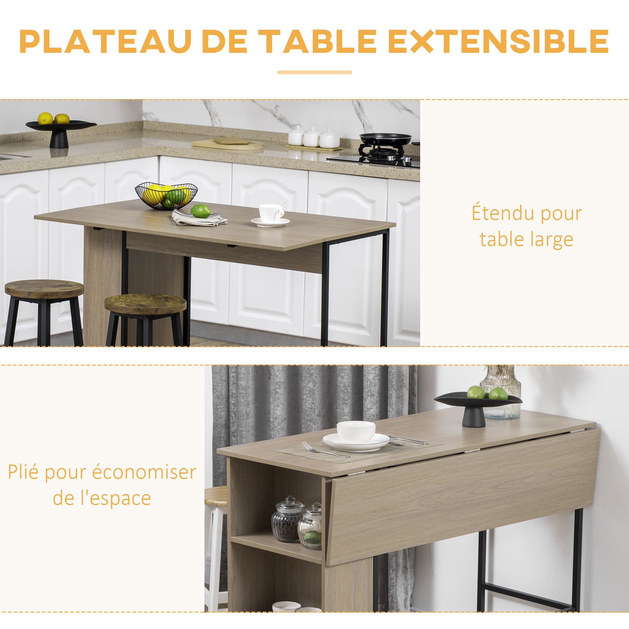 Table de bar avec rangement Table Bistrot Ilot central plateau latéral rabattable et 3 étagères - 120 x 76 x 91,4 cm