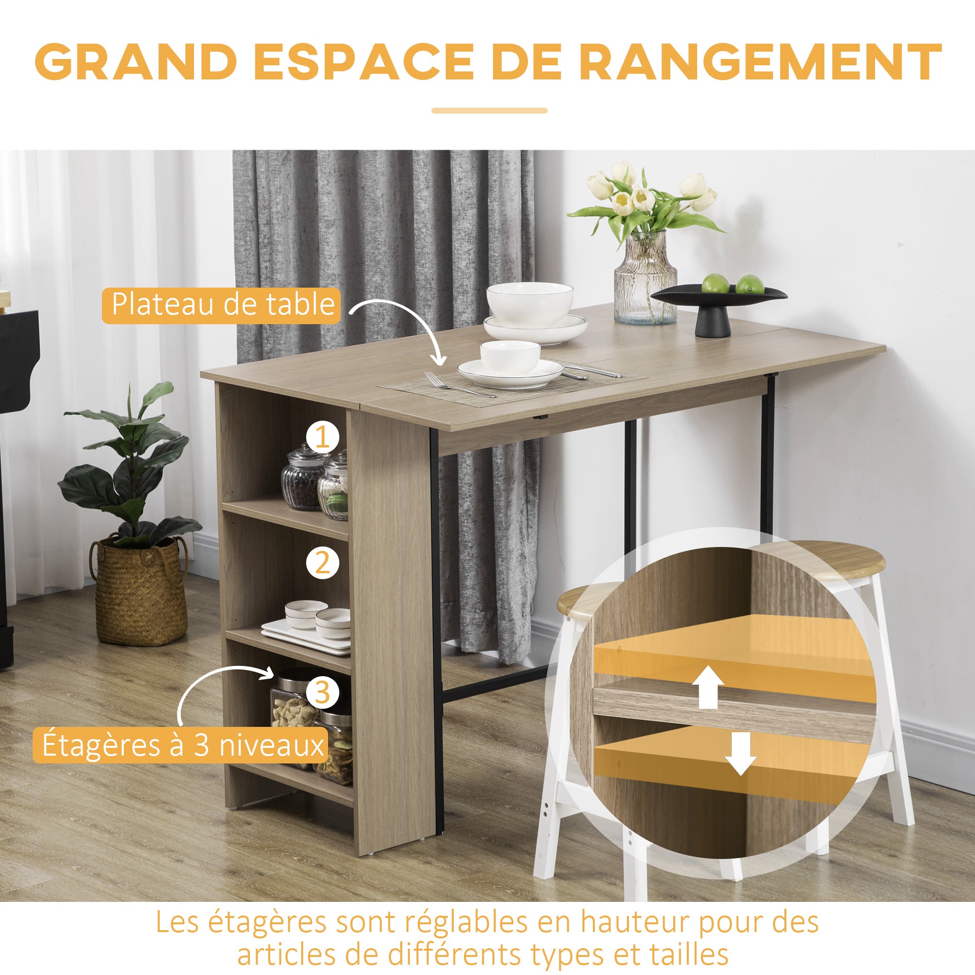 Table de bar avec rangement Table Bistrot Ilot central plateau latéral rabattable et 3 étagères - 120 x 76 x 91,4 cm