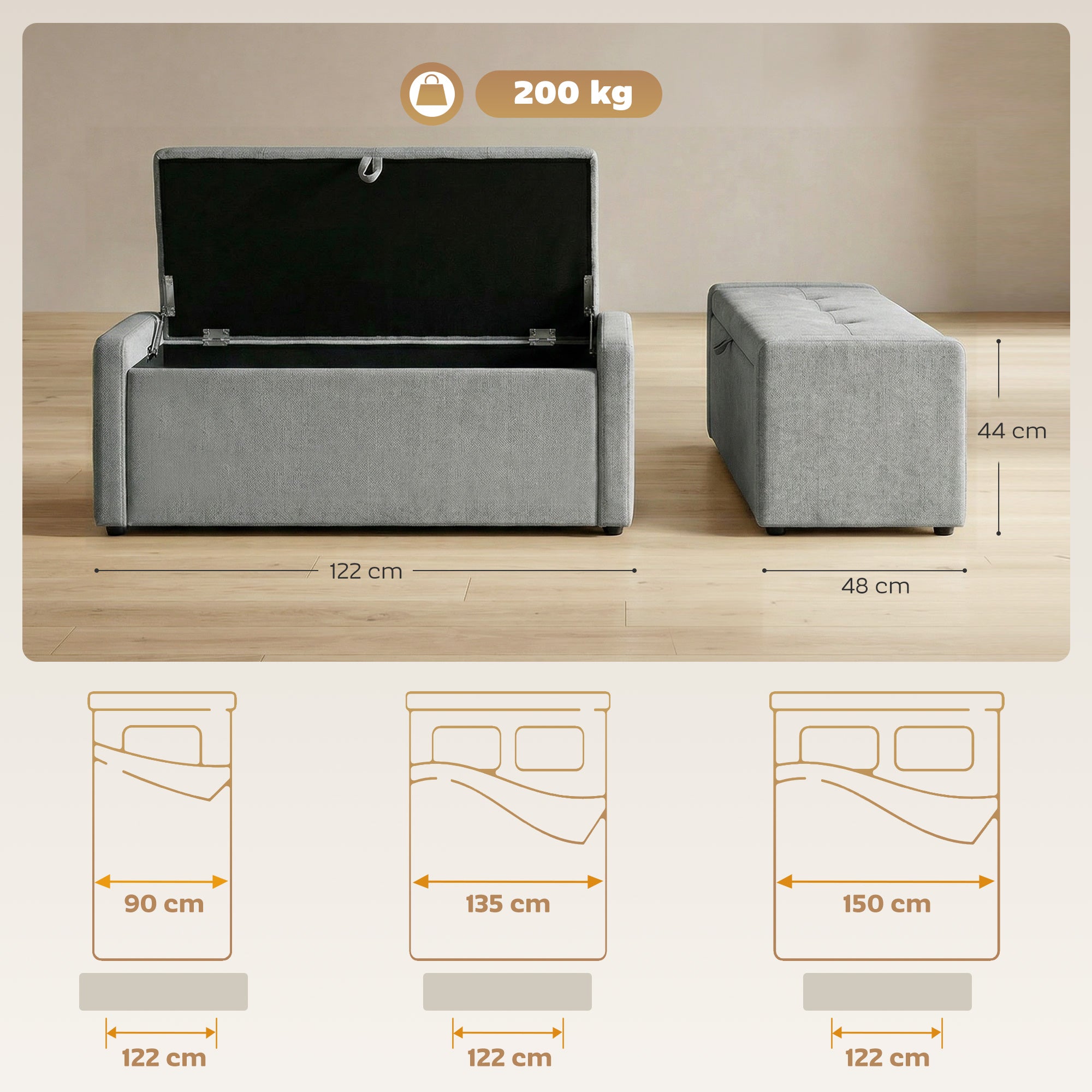 Banc de rangement, bout de lit, repose-pieds rembourré en lin avec assise large et confortable, coffre de rangement pour salon, chambre, entrée, 122 x 48 x 44 cm, gris clair