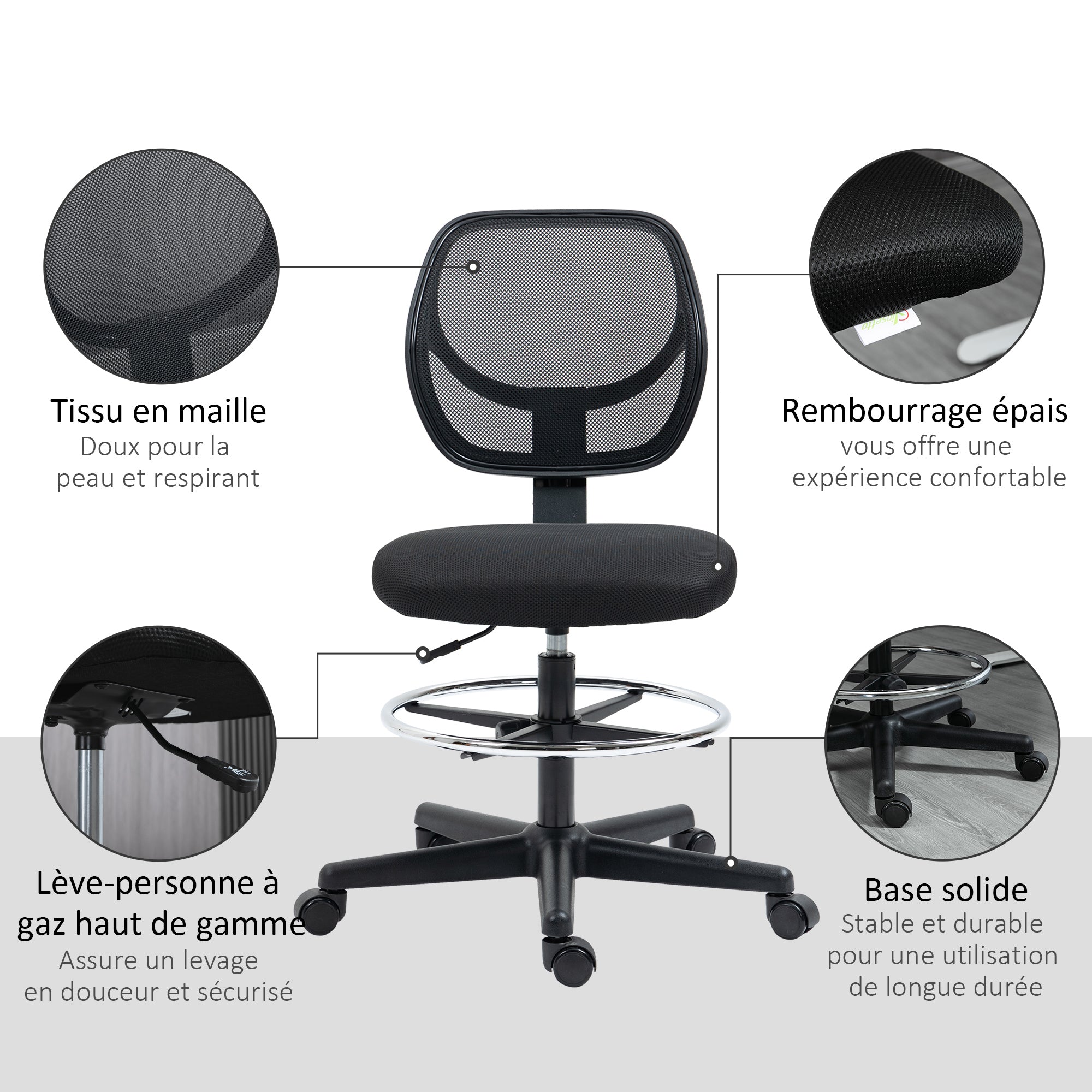 Chaise de bureau assise haute fauteuil de bureau en maille assise ergonomique hauteur réglable 50-70 cm avec repose-pied pivotant 360° noir