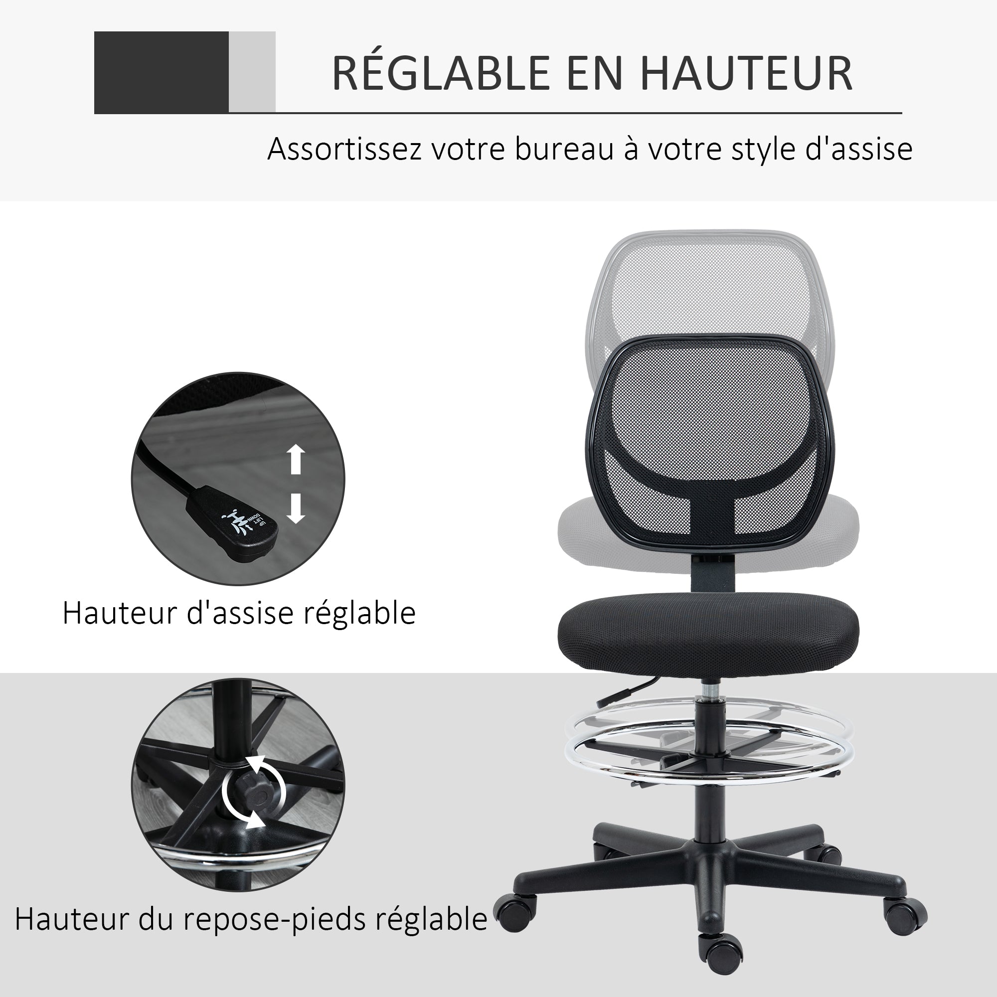 Chaise de bureau assise haute fauteuil de bureau en maille assise ergonomique hauteur réglable 50-70 cm avec repose-pied pivotant 360° noir