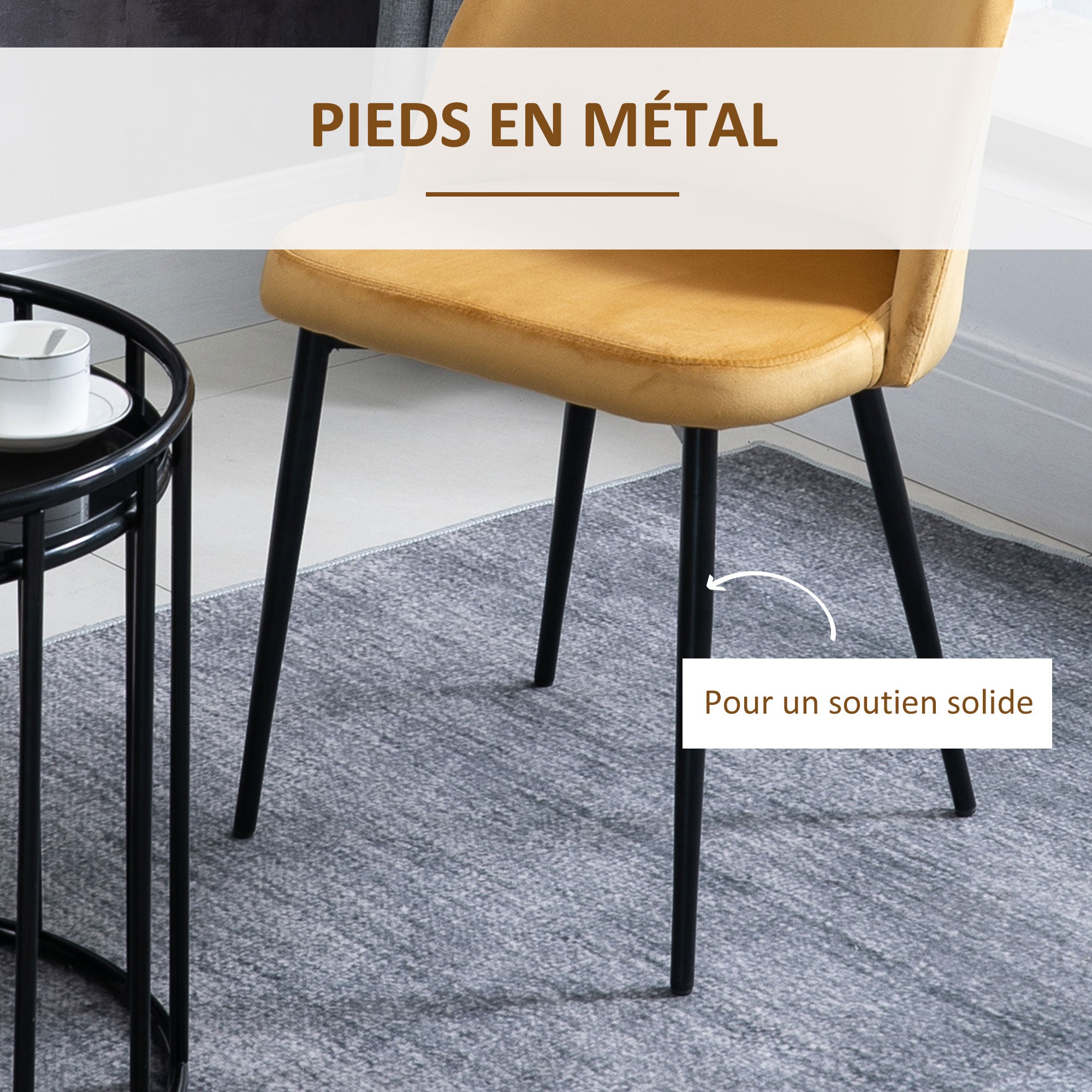 Lot de 2 chaises salle à manger chaise de cuisine scandinave chaise en velours rembourrée avec pieds effilés en métal, pour salon, salle à manger, jaune