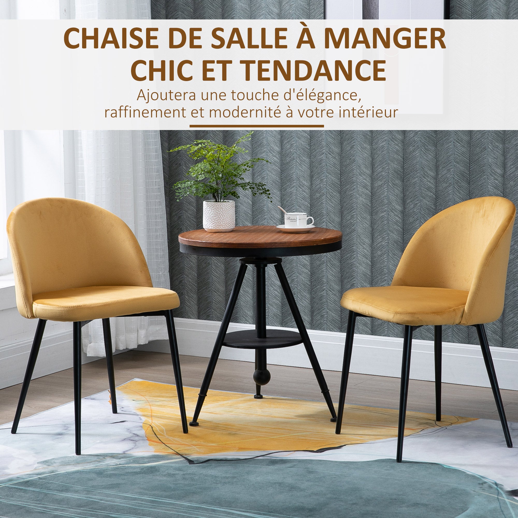 Lot de 2 chaises salle à manger chaise de cuisine scandinave chaise en velours rembourrée avec pieds effilés en métal, pour salon, salle à manger, jaune