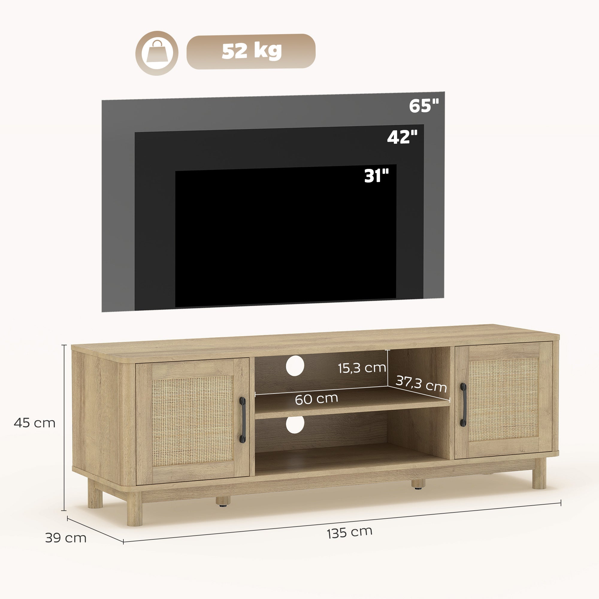 Meuble TV 135 cm, meuble télé pour téléviseur jusqu'à 65 pouces avec 2 portes en rotin, 2 compartiments ouverts, style bohème, 6 pieds en bois de pin, banc TV pour salon, chambre, chêne