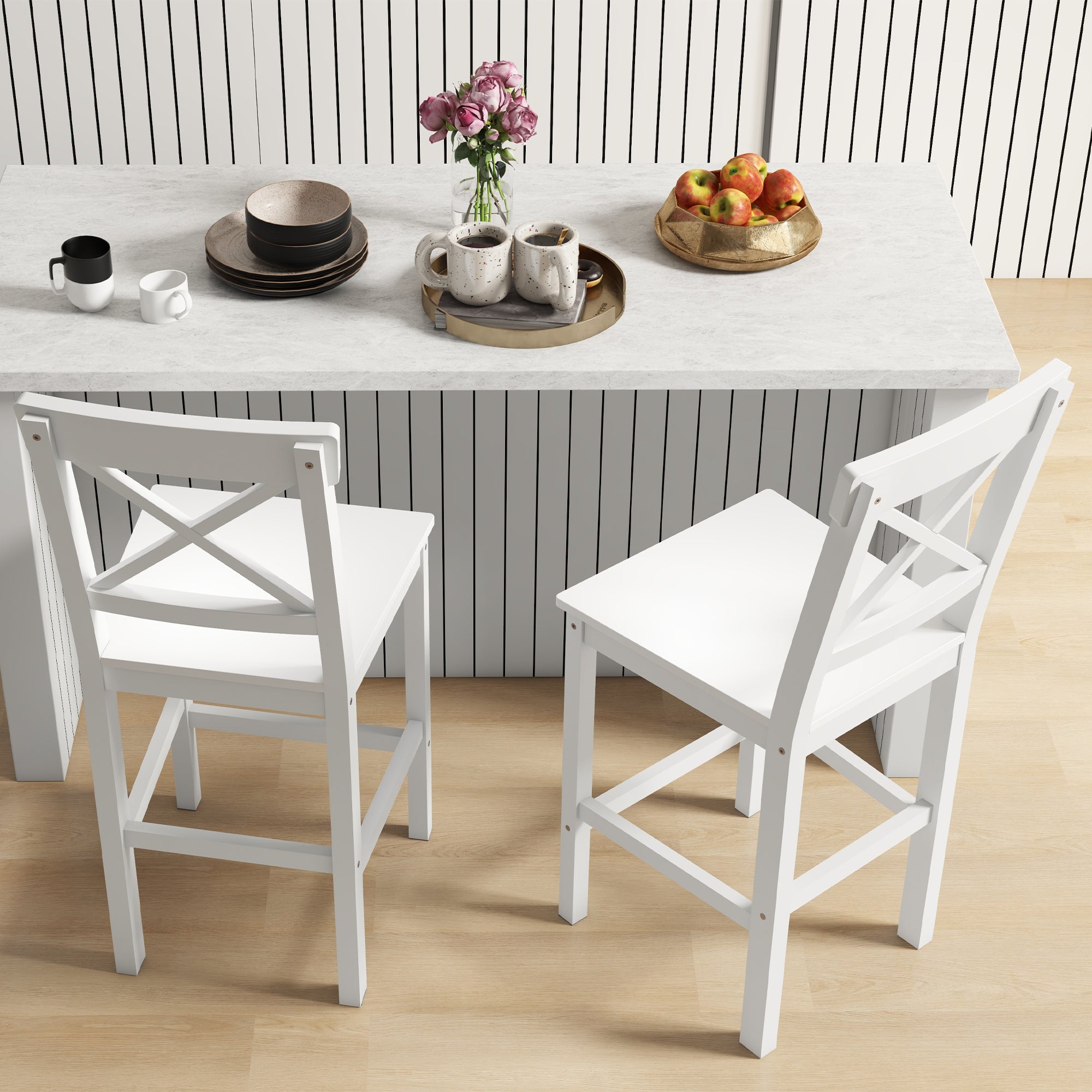Lot de 2 chaises hautes, chaises de bar style campagne chic en bois hauteur 60 cm avec repose-pieds, dim. 41L x 46l x 97,5H cm blanc