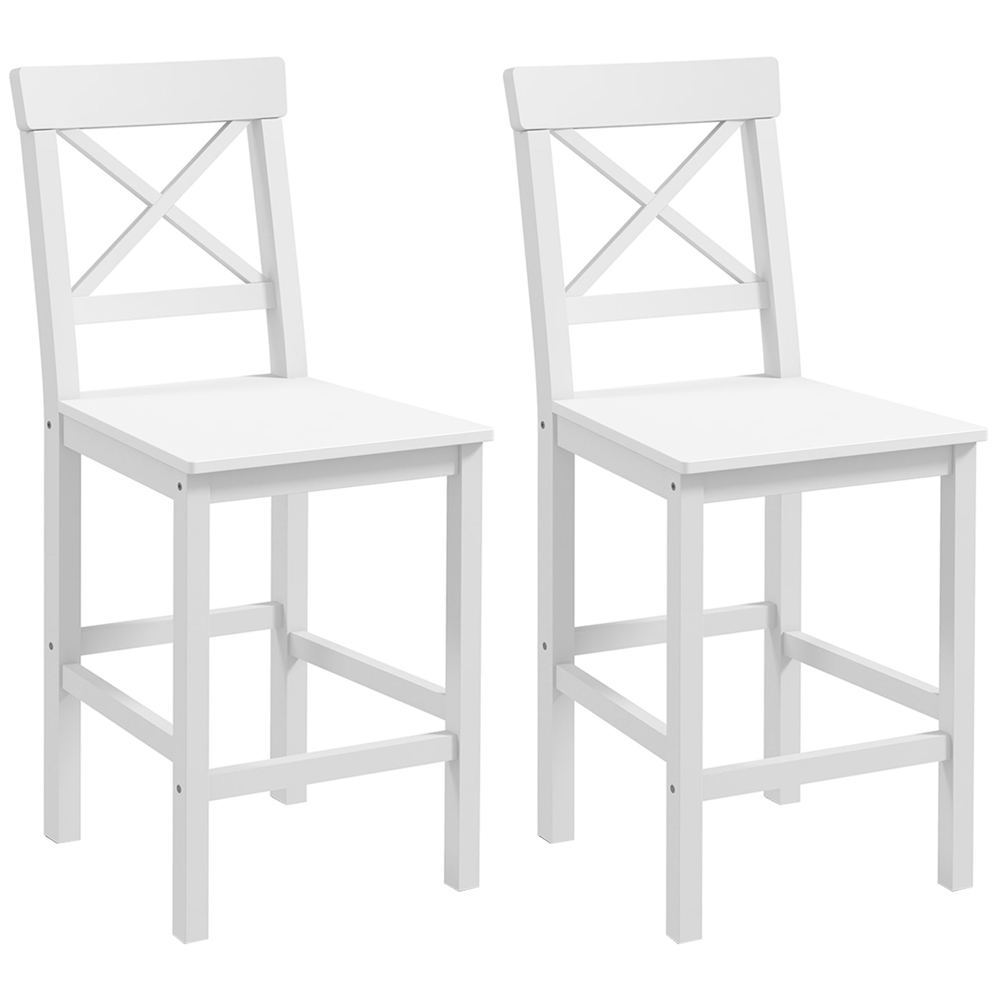 Lot de 2 chaises hautes, chaises de bar style campagne chic en bois hauteur 60 cm avec repose-pieds, dim. 41L x 46l x 97,5H cm blanc