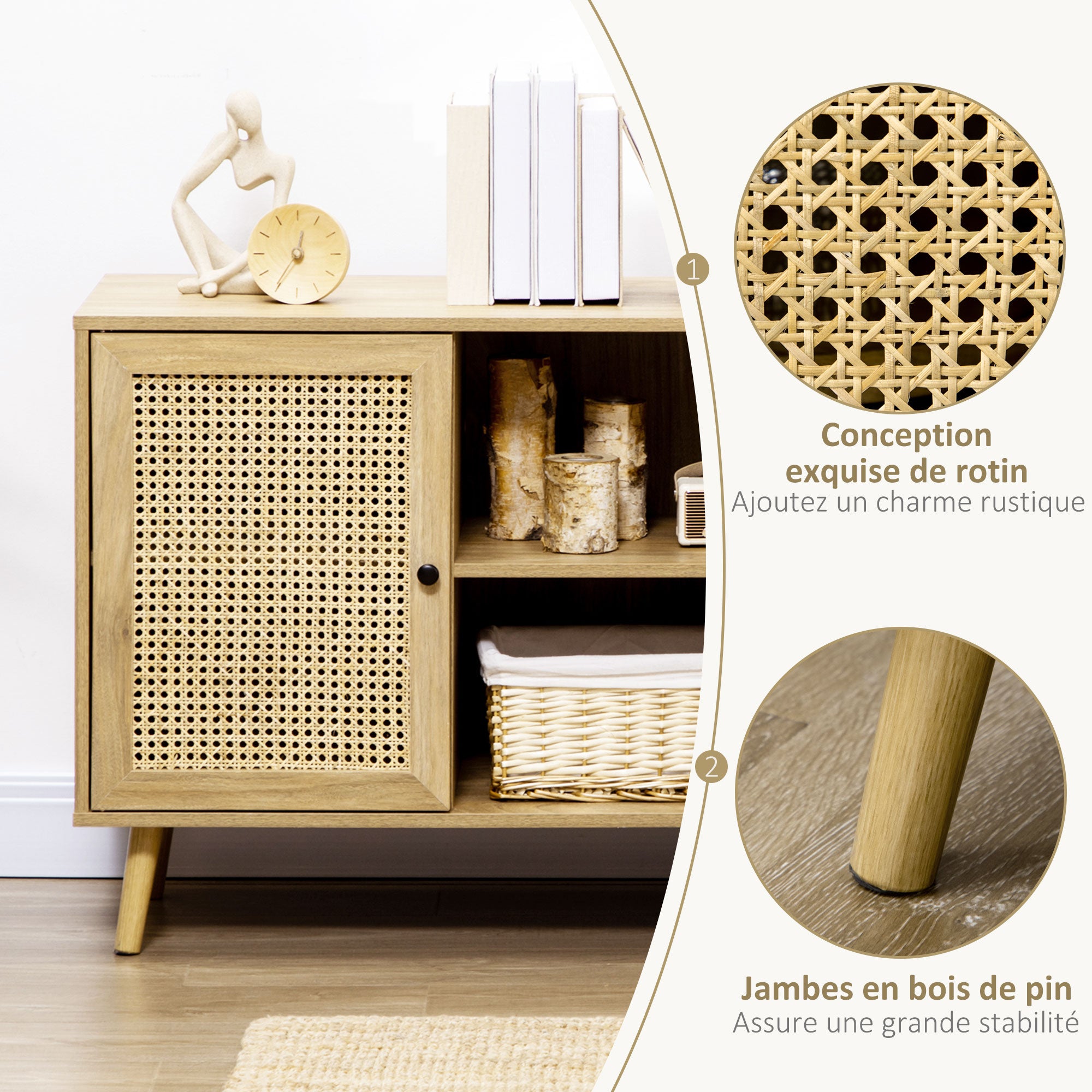Meuble de rangement buffet 1 porte cannage effet bois - dim. 80L x 39l x 70H cm