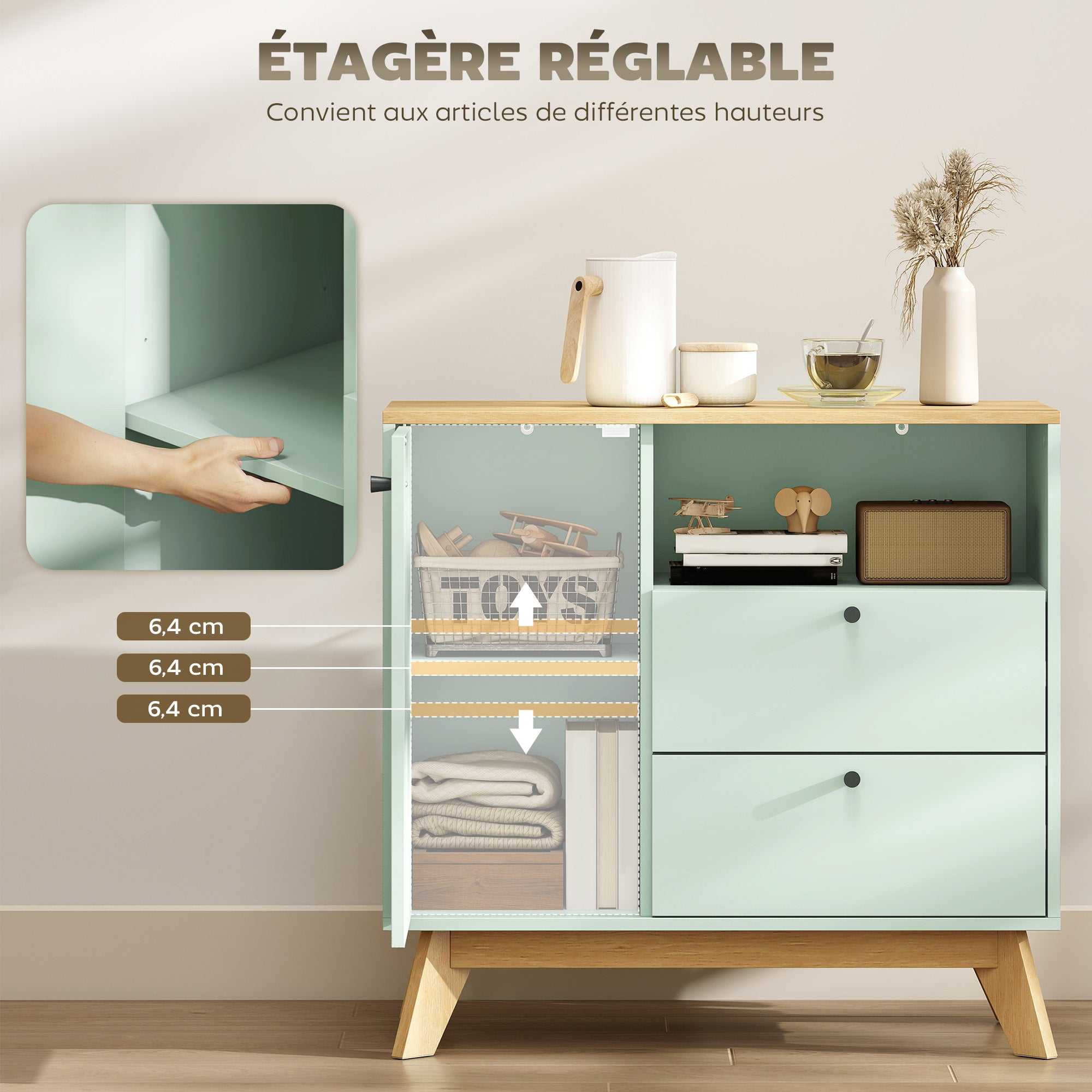 Buffet salon, meuble de rangement avec porte, 2 tiroirs, compartiment ouvert et étagère réglable, style moderne, buffet salle à manger et cuisine, 80 x 35 x 76,3 cm, vert clair et chêne