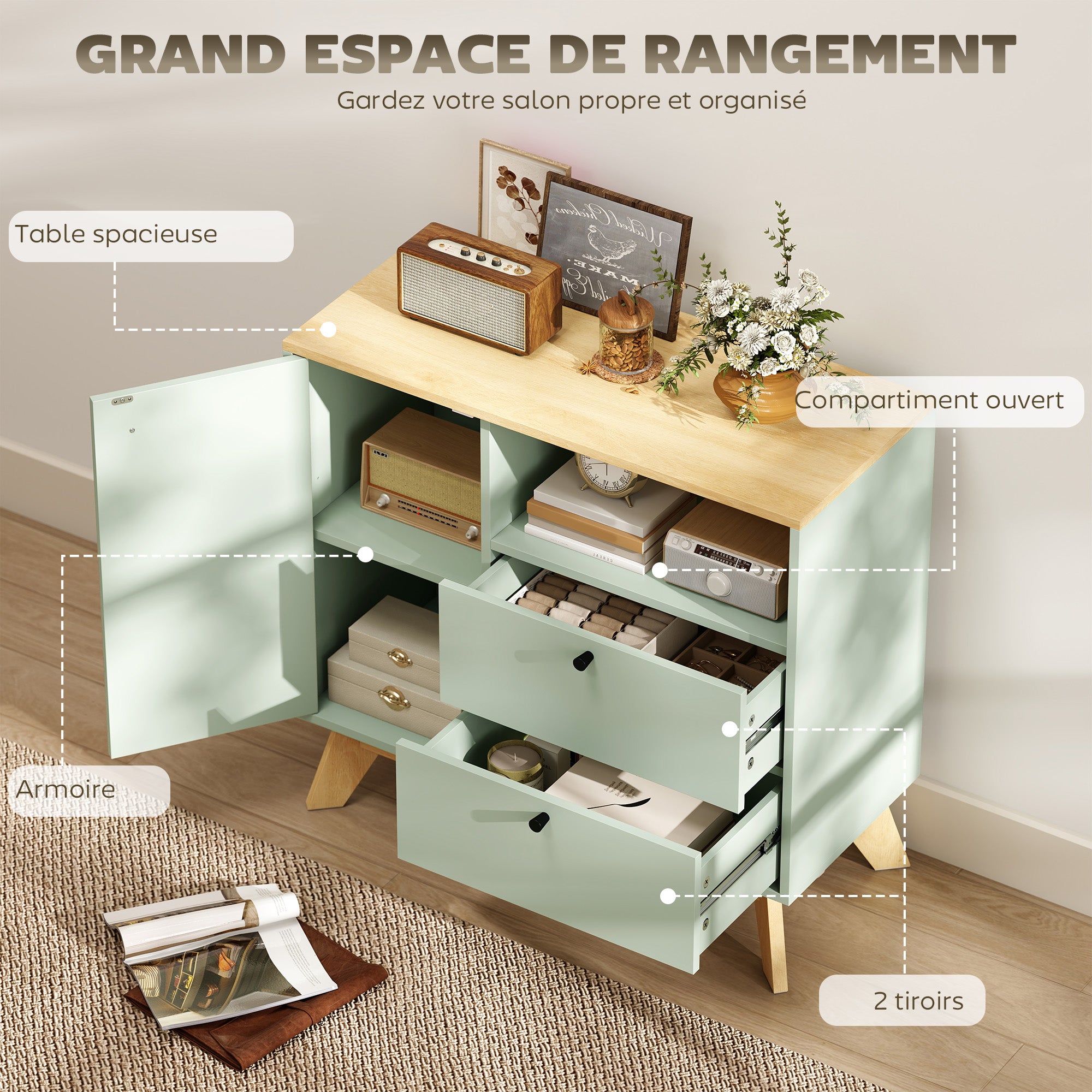 Buffet salon, meuble de rangement avec porte, 2 tiroirs, compartiment ouvert et étagère réglable, style moderne, buffet salle à manger et cuisine, 80 x 35 x 76,3 cm, vert clair et chêne