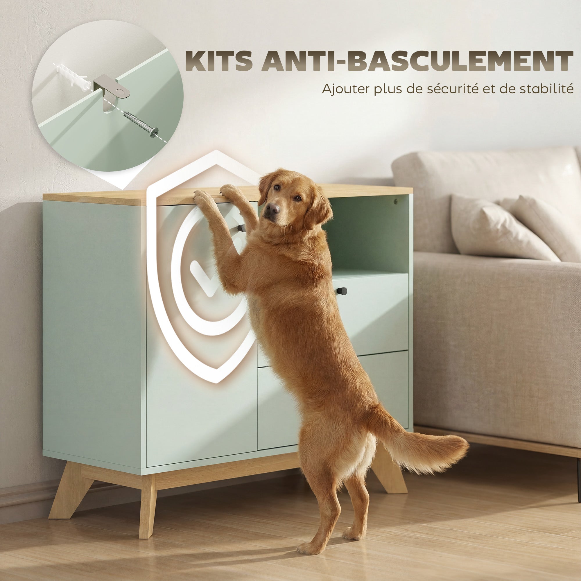 Buffet salon, meuble de rangement avec porte, 2 tiroirs, compartiment ouvert et étagère réglable, style moderne, buffet salle à manger et cuisine, 80 x 35 x 76,3 cm, vert clair et chêne