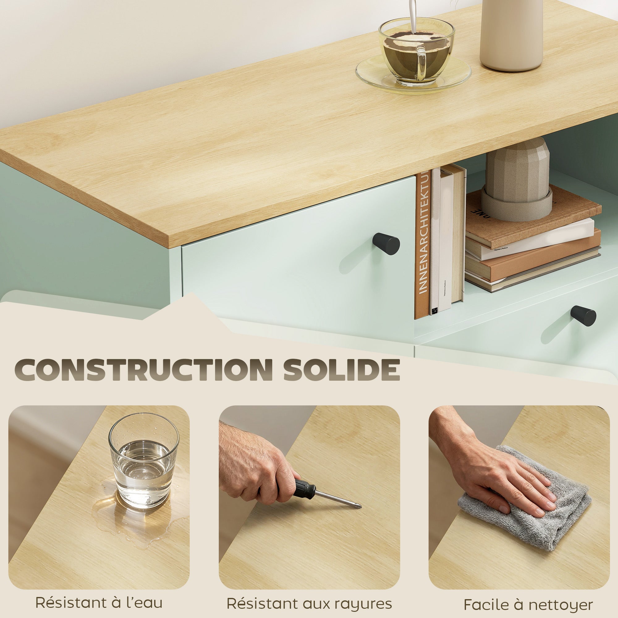 Buffet salon, meuble de rangement avec porte, 2 tiroirs, compartiment ouvert et étagère réglable, style moderne, buffet salle à manger et cuisine, 80 x 35 x 76,3 cm, vert clair et chêne