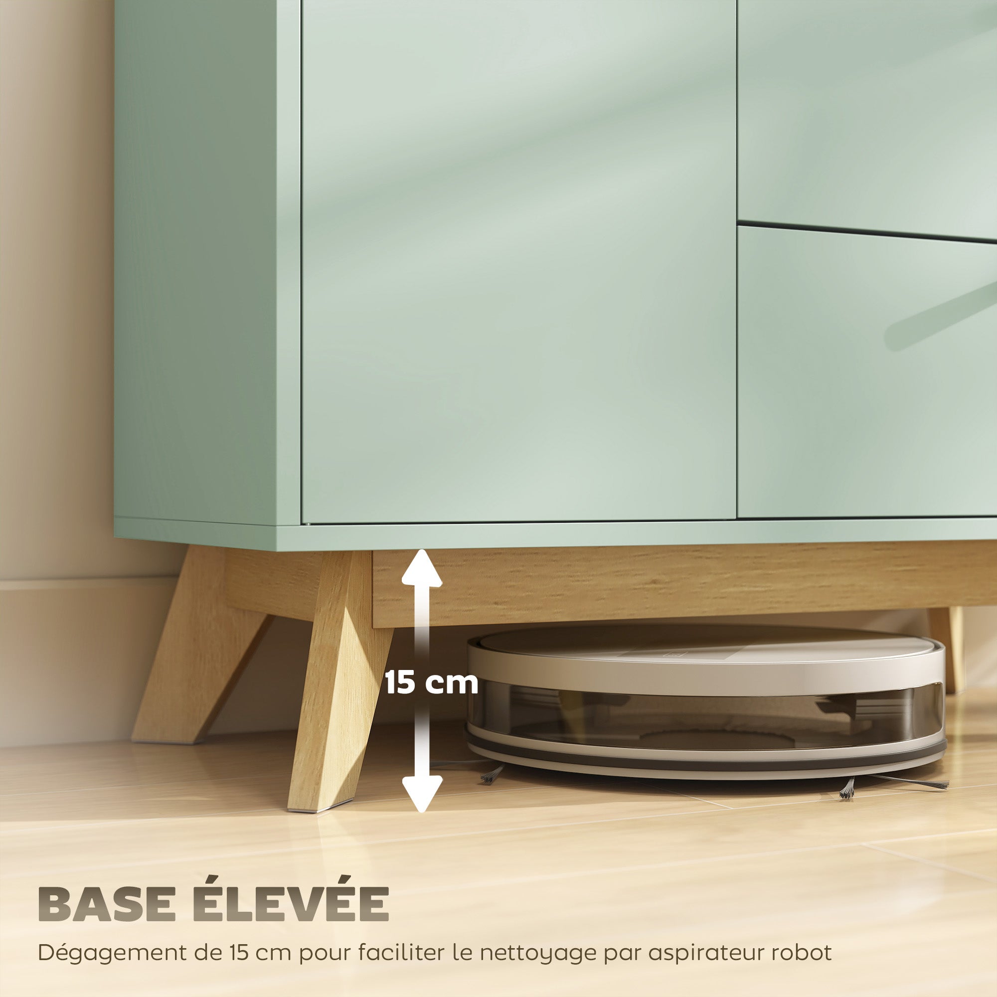 Buffet salon, meuble de rangement avec porte, 2 tiroirs, compartiment ouvert et étagère réglable, style moderne, buffet salle à manger et cuisine, 80 x 35 x 76,3 cm, vert clair et chêne