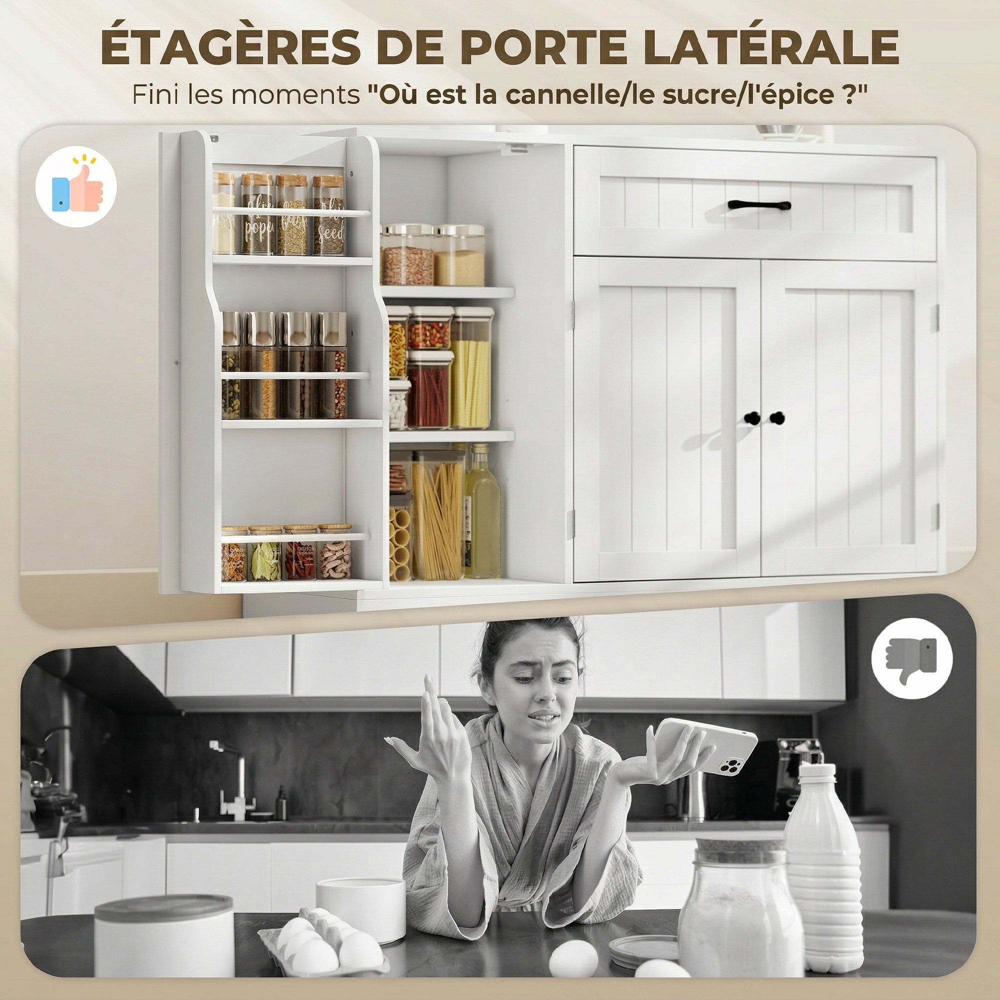 Buffet Cuisine, Meuble de Rangement avec Tiroir, 3 Portes à Fermeture Douce, Racks-Porte et Étagères Réglables, Meuble TV Jusqu'à 55 Pouces, pour Salon et Salle à Manger, 110x40x80cm, Blanc